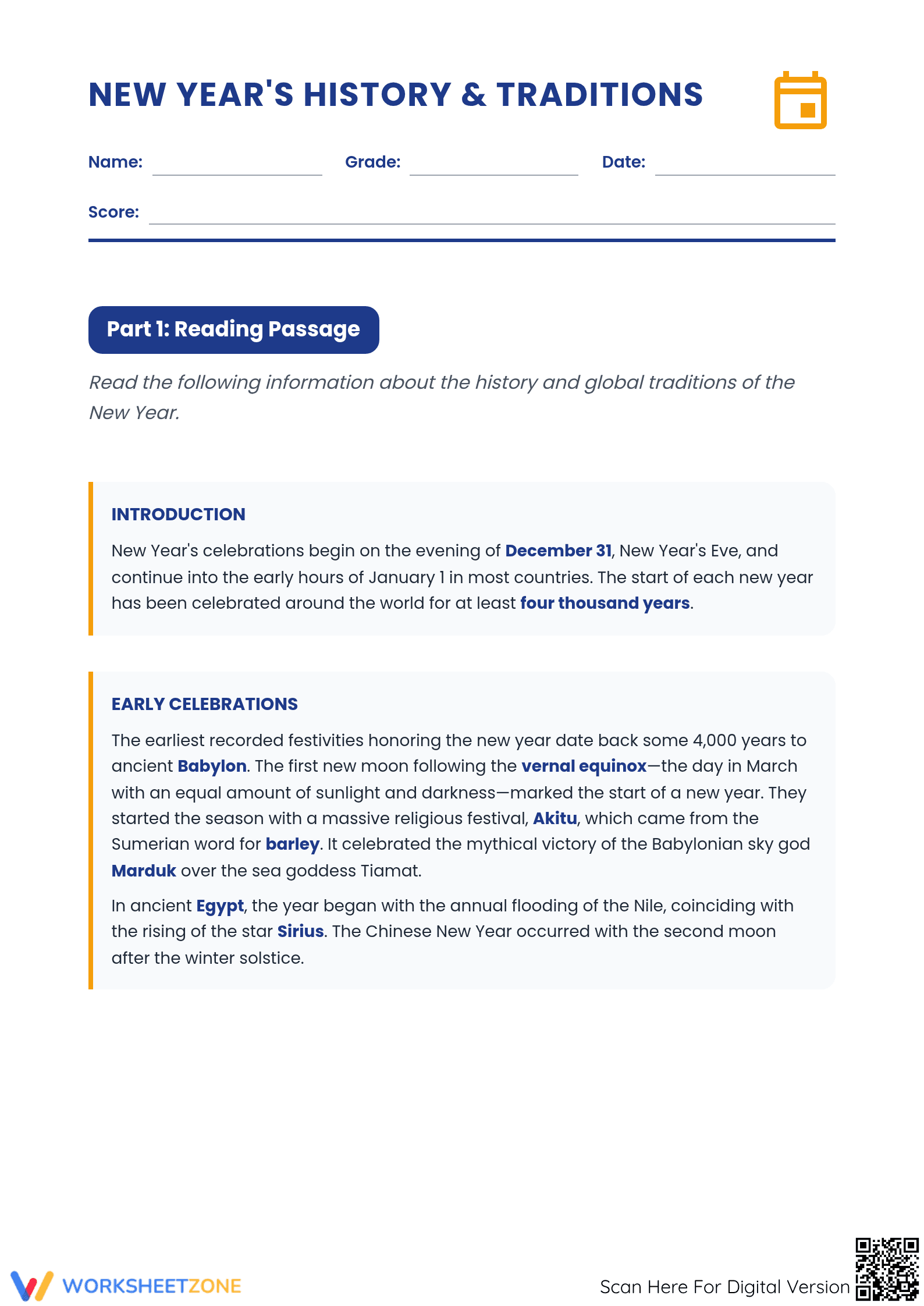Essential New Year’s History & Traditions — Grade 4 ELA - Page 1