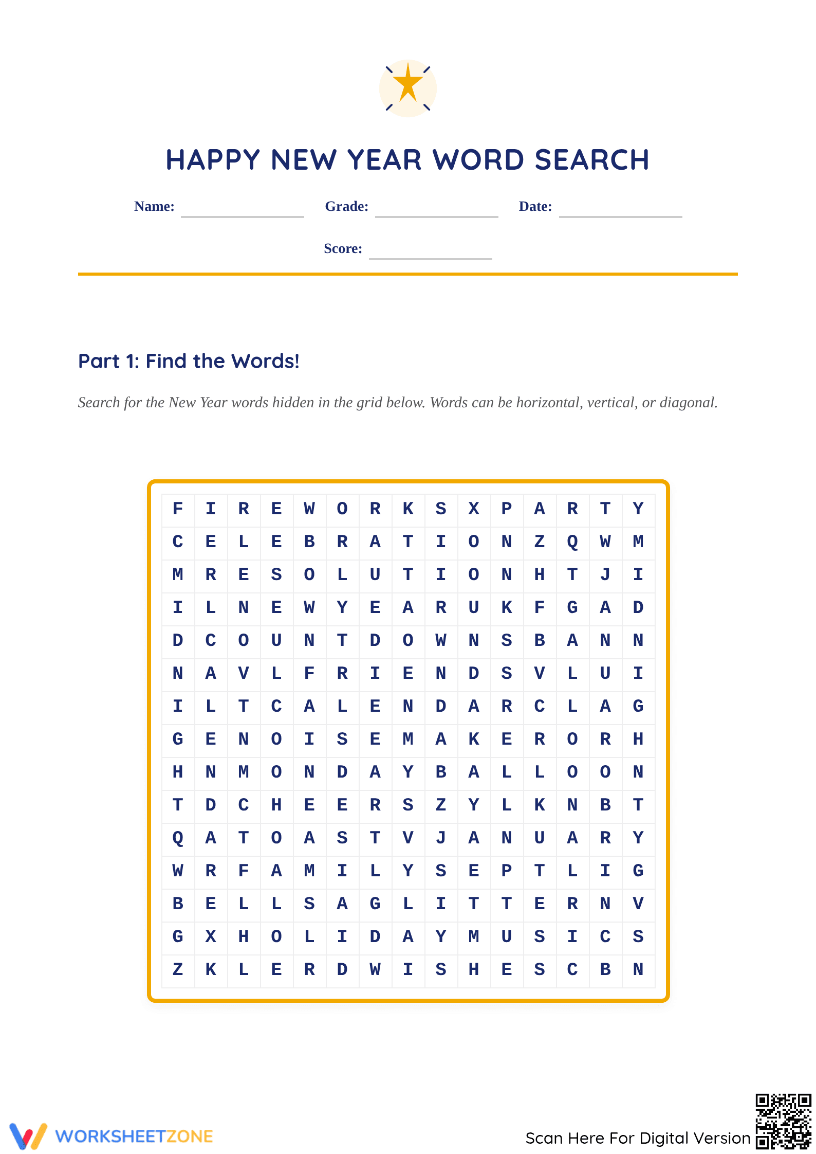 Grade 1-3 New Year Wordsearch — Printable No-Prep Worksheet - Page 1