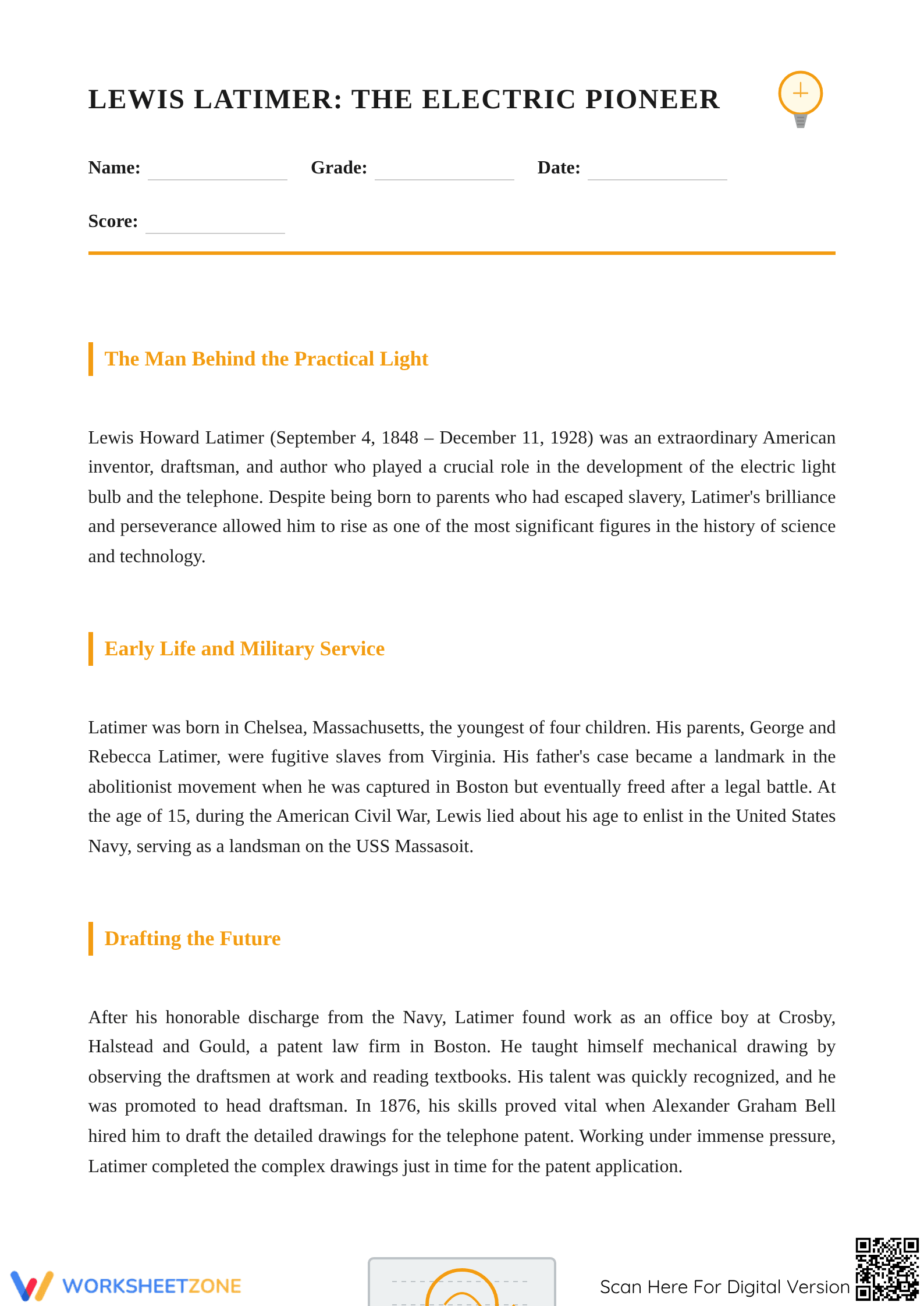 Essential Lewis Latimer Biography Worksheet | Grade 7 ELA - Page 1