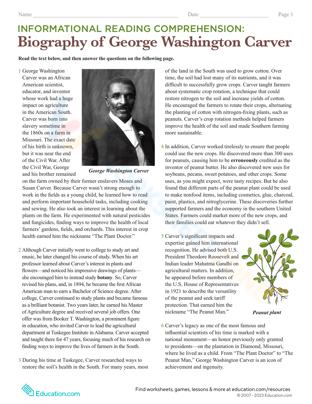 Biography of George Washington Carver - Page 1