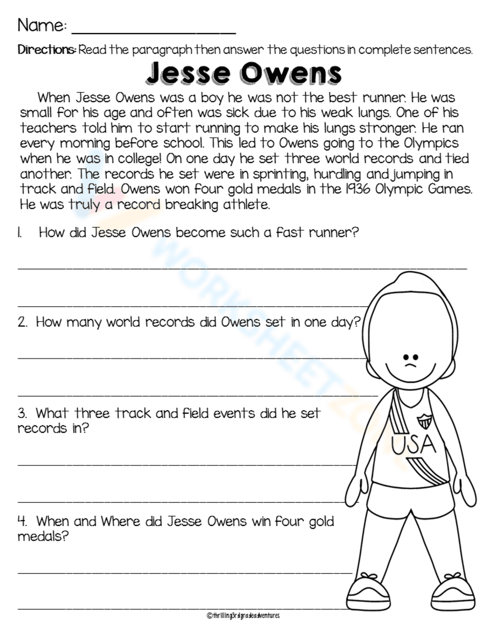 Jesse Owens Worksheet for Reading Comprehension - Page 1