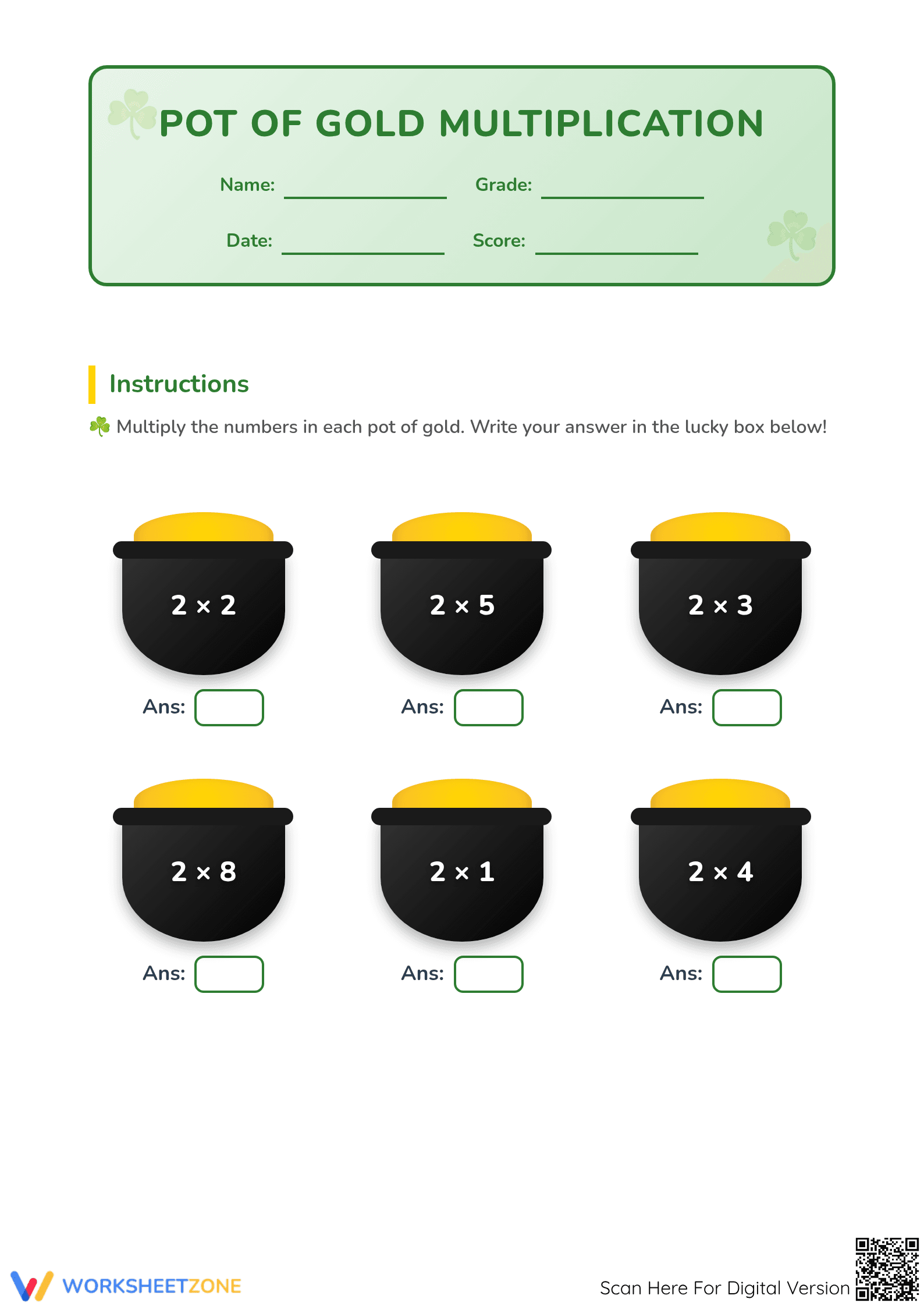 Printable Pot of Gold Multiplication Worksheet | Grade 2 - Page 1