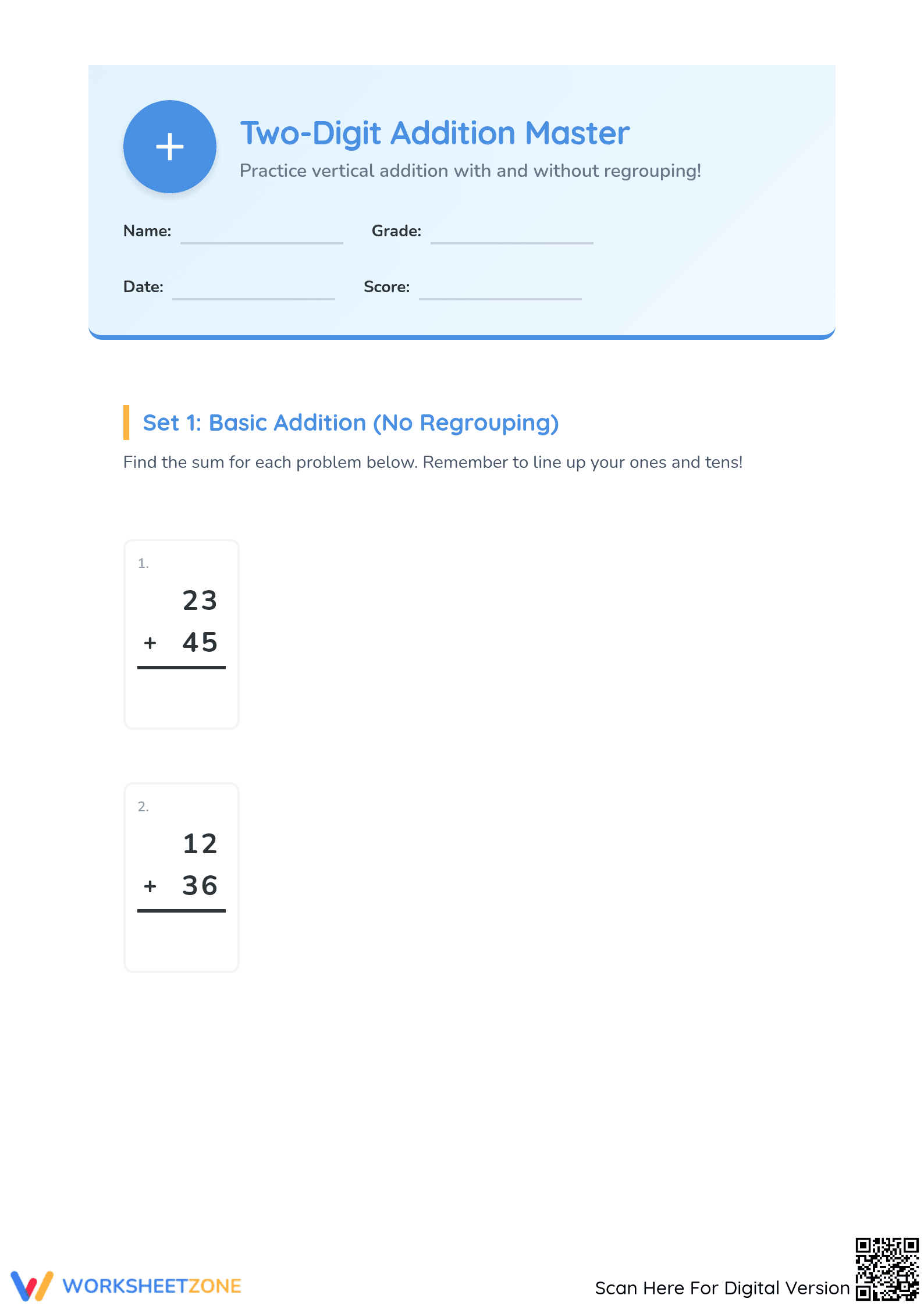 Essential Two-Digit Addition Worksheet | Grade 2 Printable - Page 1