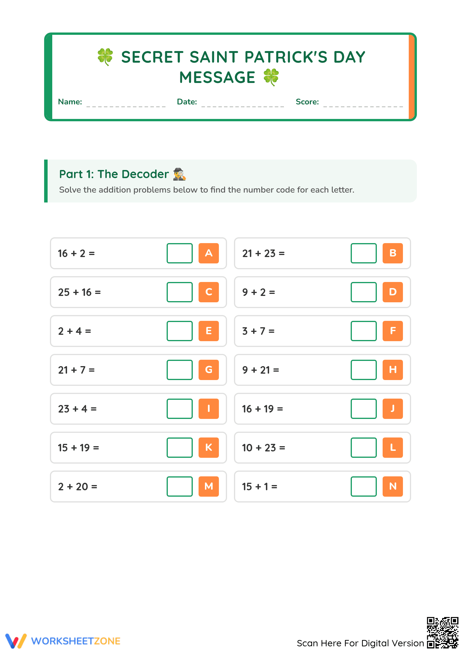 Printable St. Patrick's Day Math: Secret Message Addition - Page 1