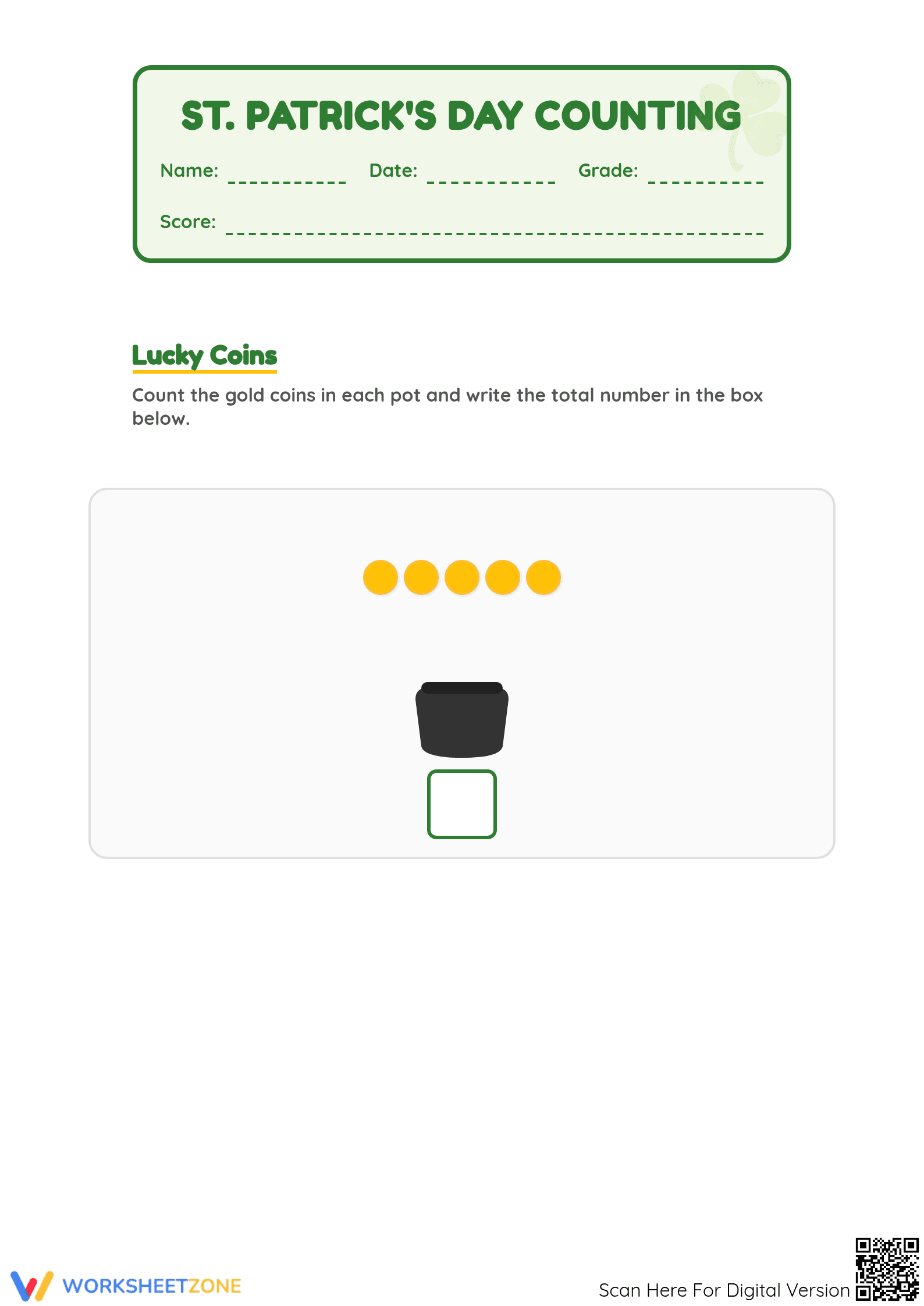 Printable St. Patrick's Day Counting Gold Coins — Grade K-1 - Page 1