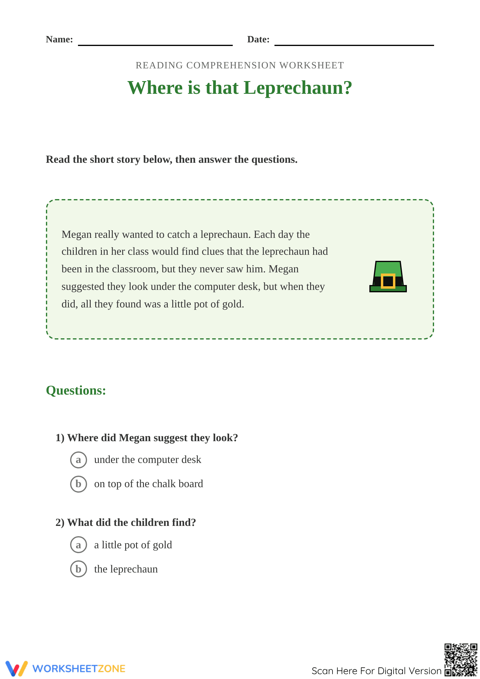 Grade 1 Reading Comprehension — Printable No-Prep Worksheet - Page 1
