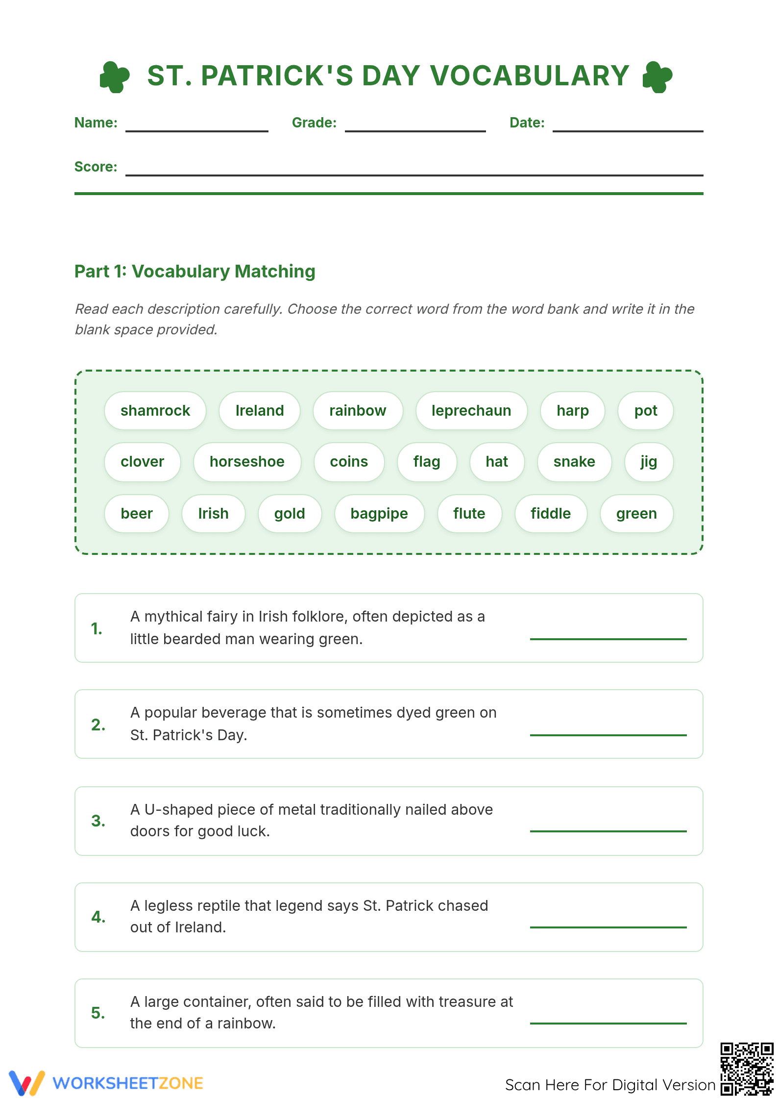 St. Patrick's Day Vocabulary | Essential Grade 5-12 ESL - Page 1