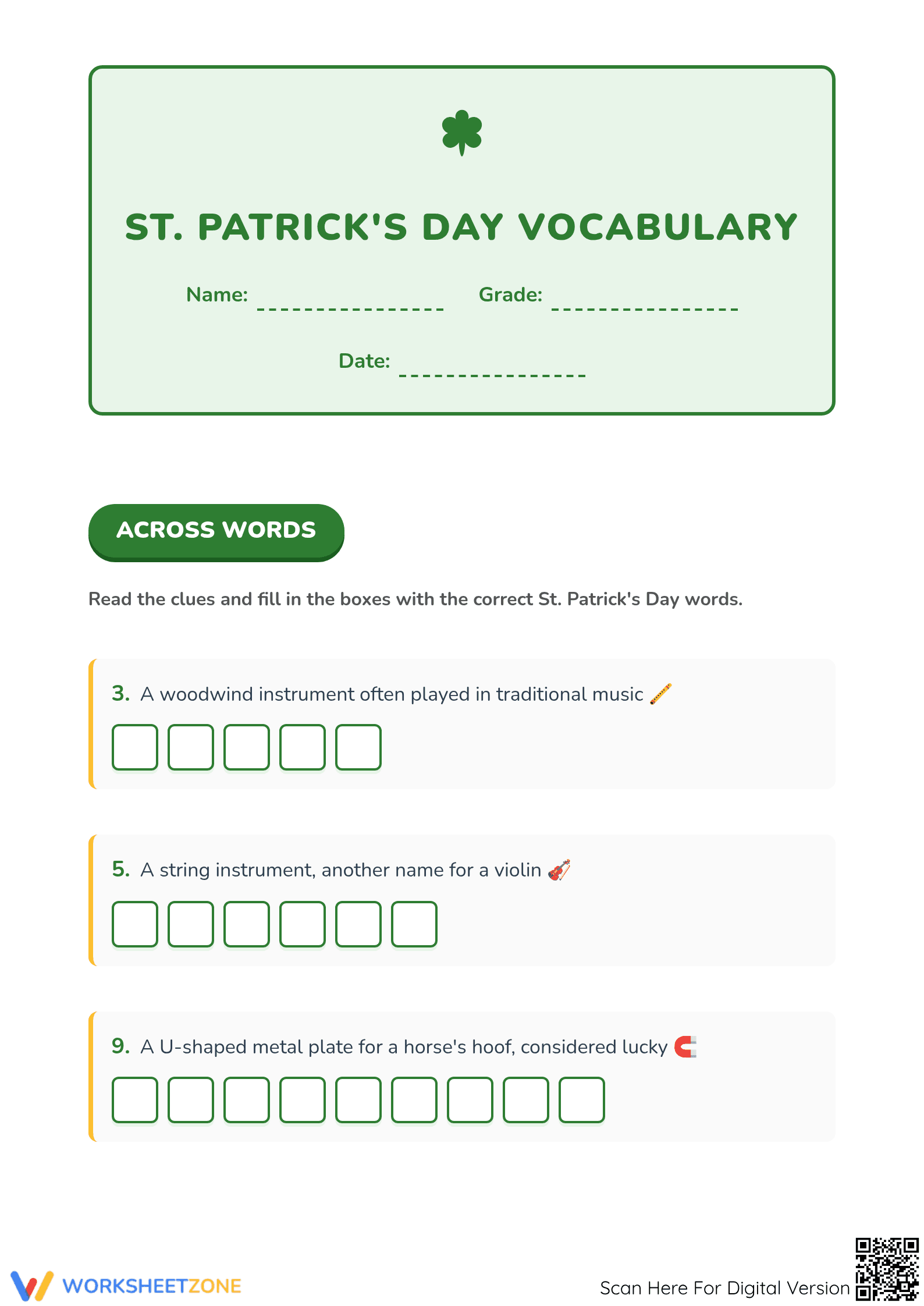 Grade 5 St. Patrick's Day Vocabulary — Printable Worksheet - Page 1