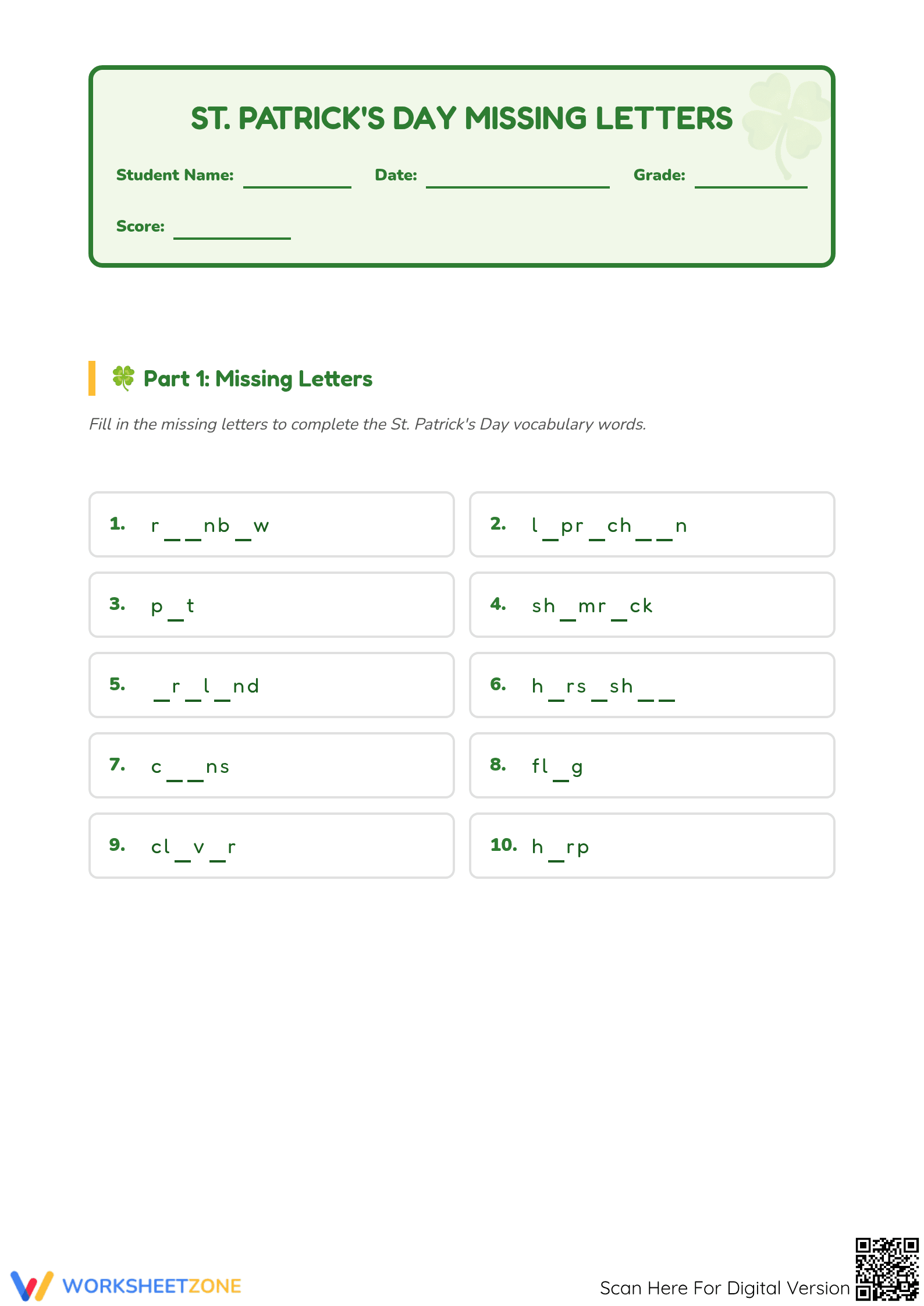 Grade 5 St. Patrick's Day Vocabulary — Printable Worksheet - Page 1