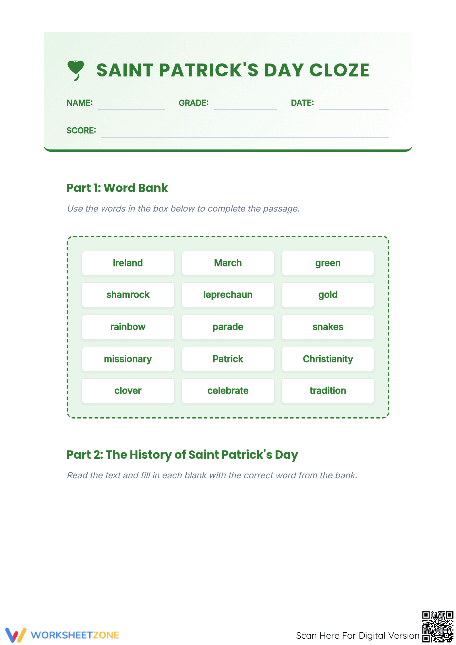 Printable St. Patrick's Day Cloze Worksheet | Grade 5 ELA - Page 1