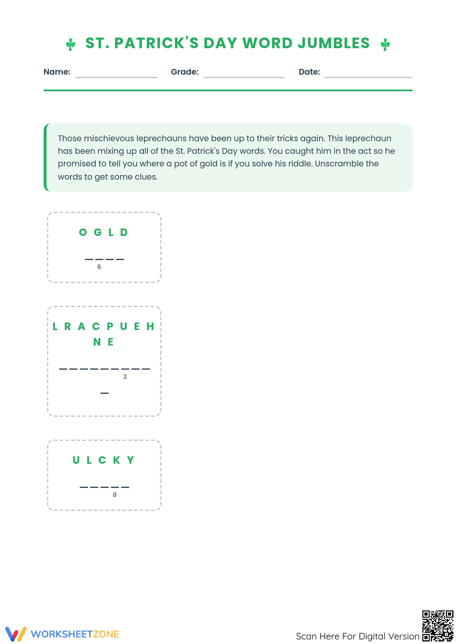 St. Patrick's Day Word Scramble | Grade 5 Printable - Page 1