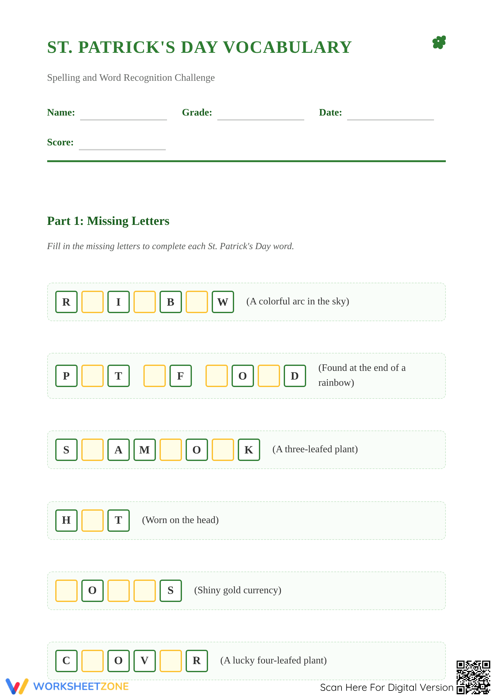 Grade 5 St. Patrick's Day Vocabulary — Printable Worksheet - Page 1
