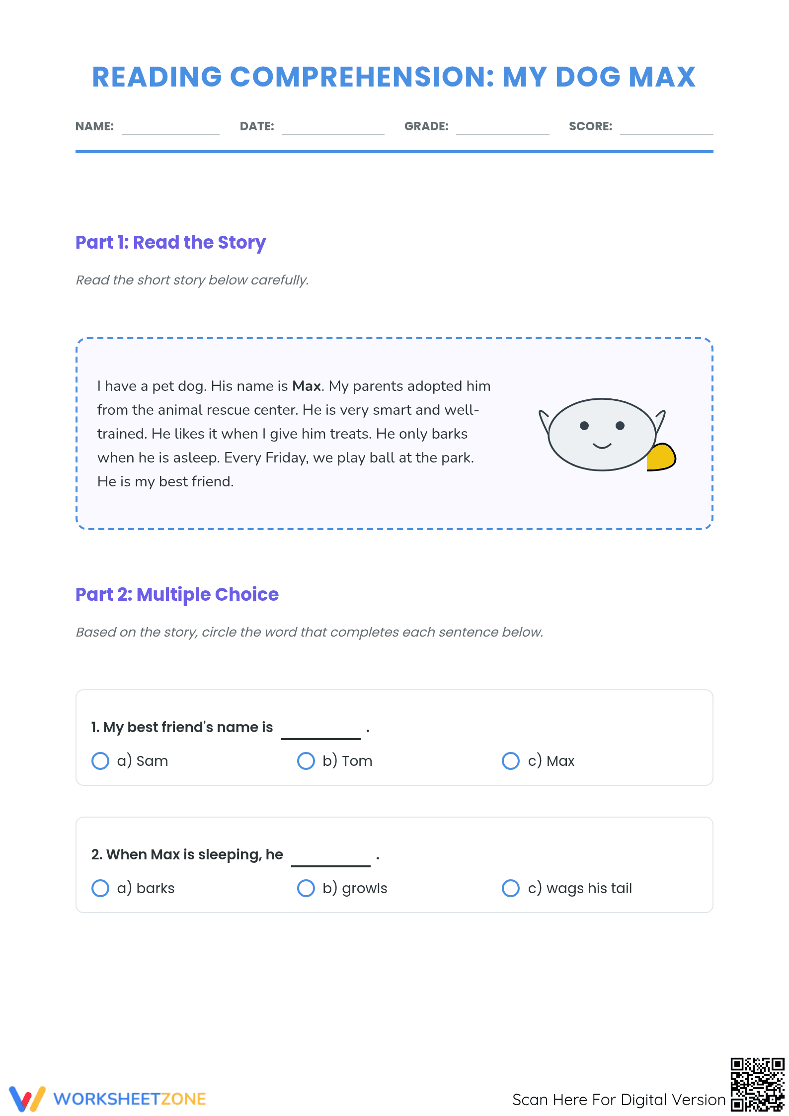 My Dog Max Reading Comprehension | Essential Grade 4 ELA - Page 1