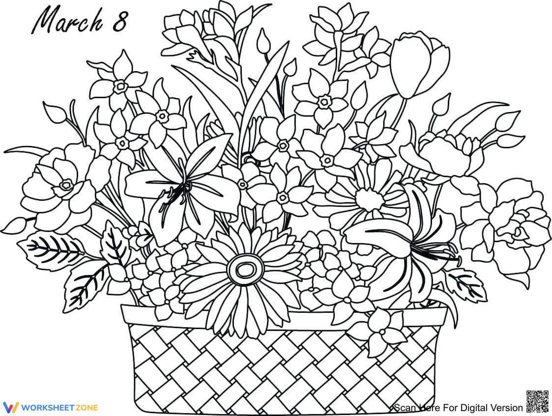 Printable Basket of Flowers Coloring Page | Grades 1-5 - Page 1
