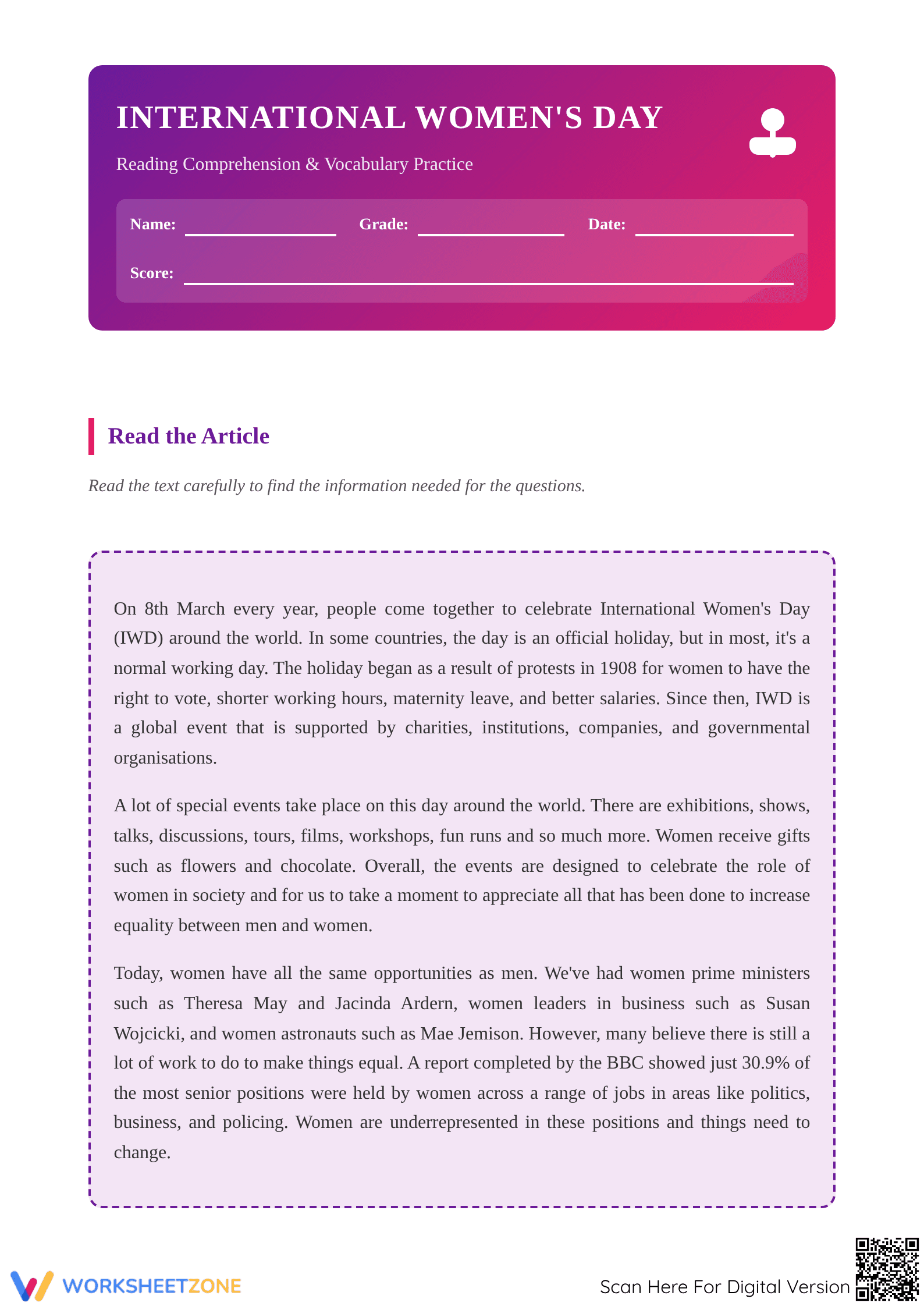 Printable Women's Day Reading Worksheet | Grade 3 ELA - Page 1