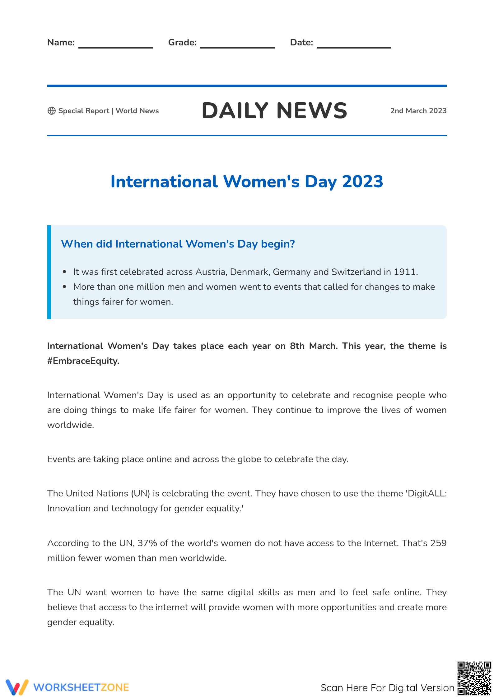 Printable Women's Day Reading Comprehension Grade 4 - Page 1
