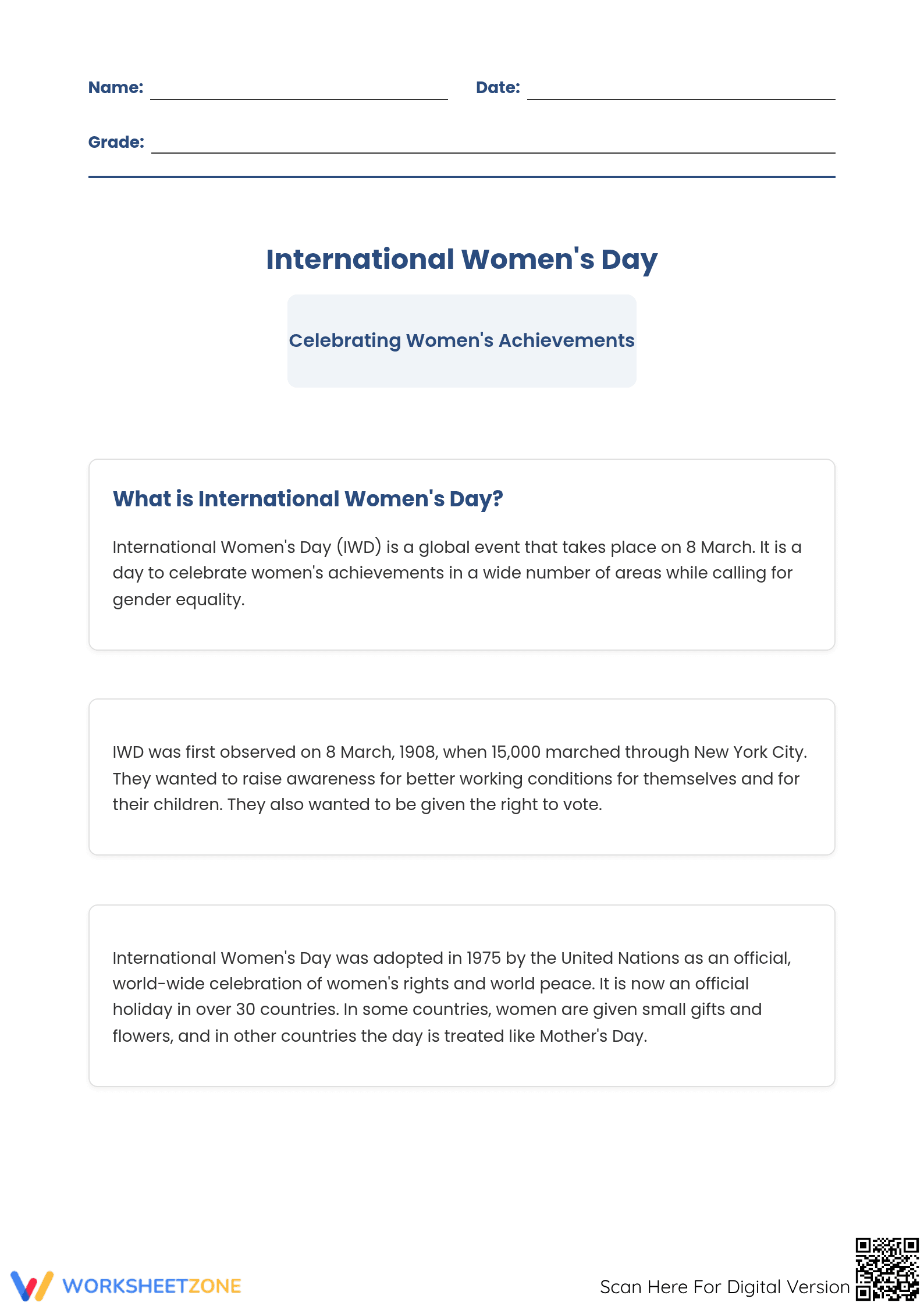 Women's Day Reading Comprehension | Grade 5 Printable - Page 1