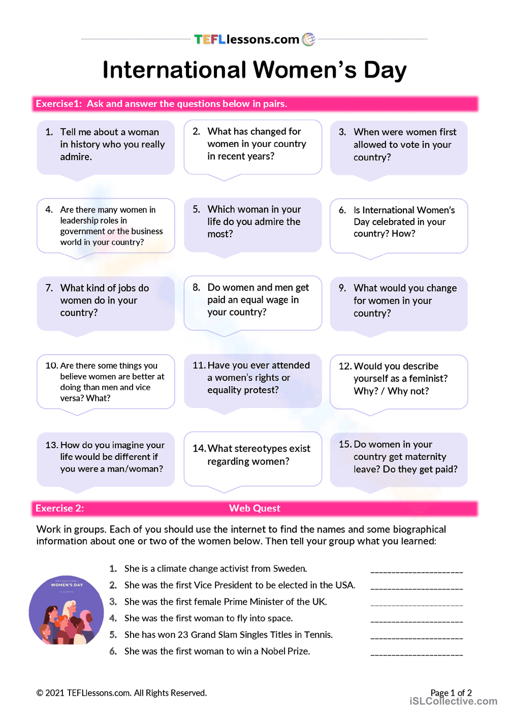 Thought-Provoking Women's Day Questions Worksheet - Page 1