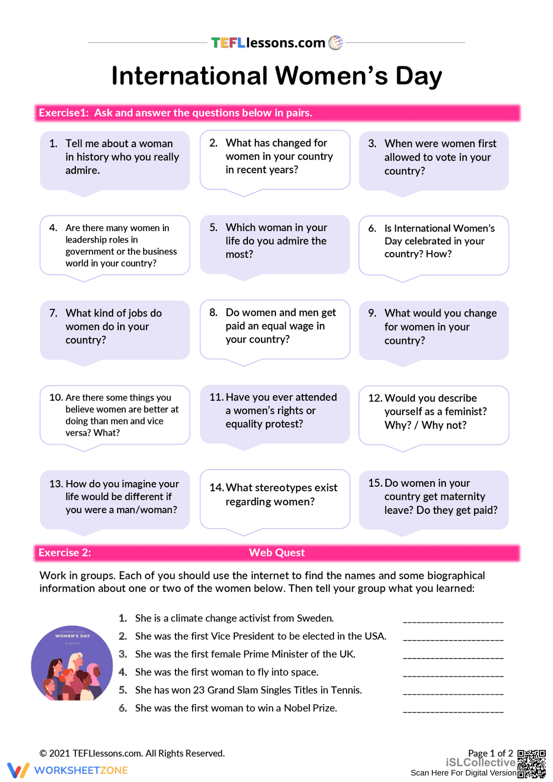 Thought-Provoking Women's Day Questions Worksheet - Page 1
