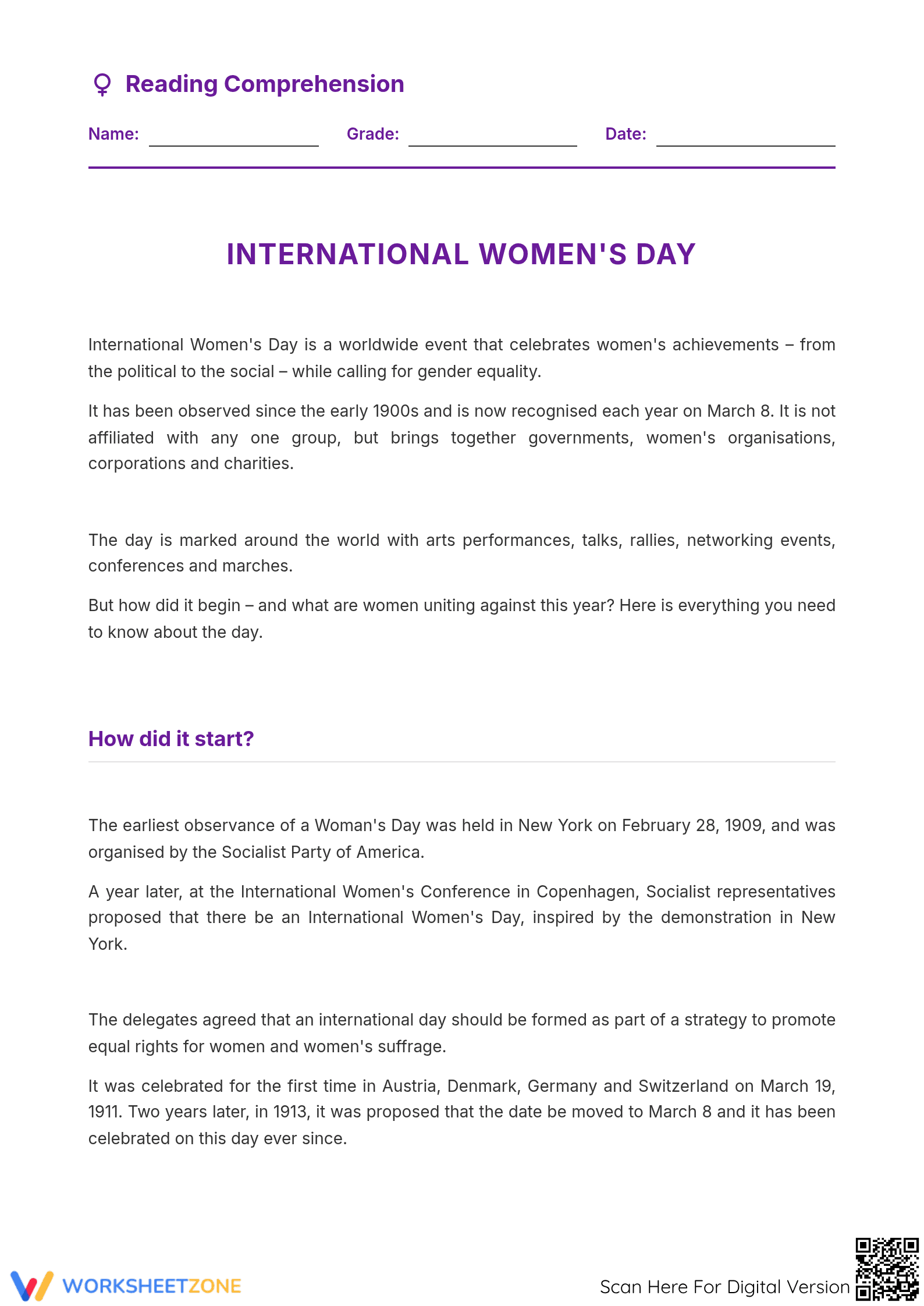 History of Women's Day Worksheet | Essential Grade 6 ELA - Page 1