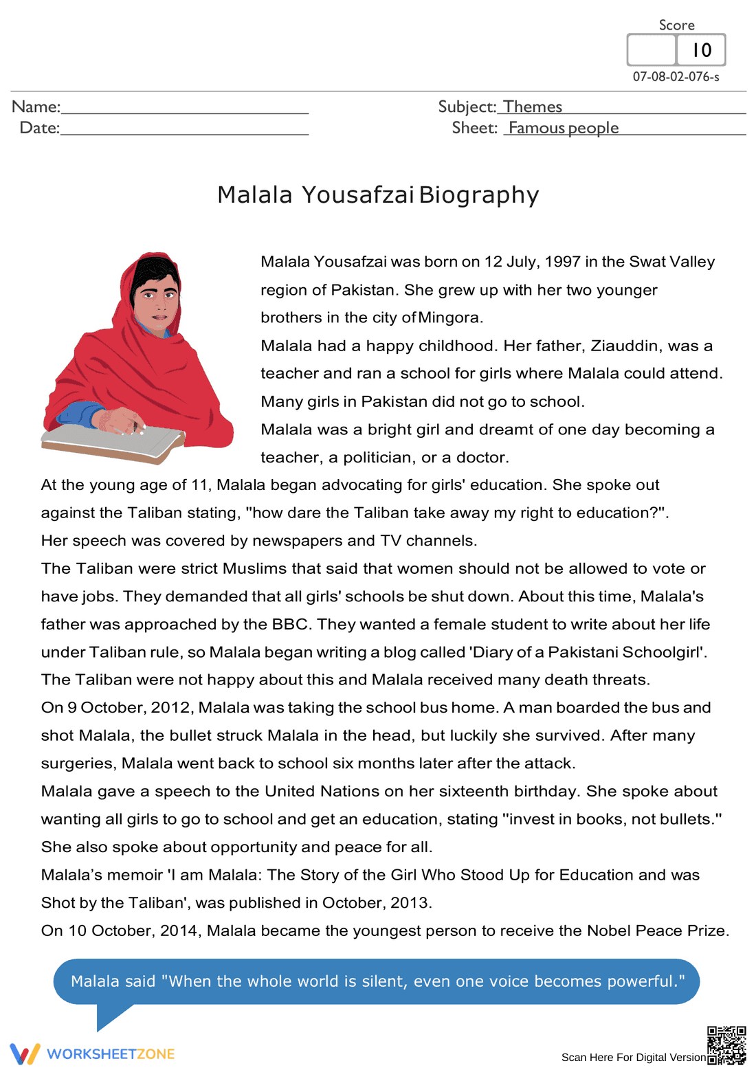 Women's Day: Malala Yousafzai Worksheet - Page 1