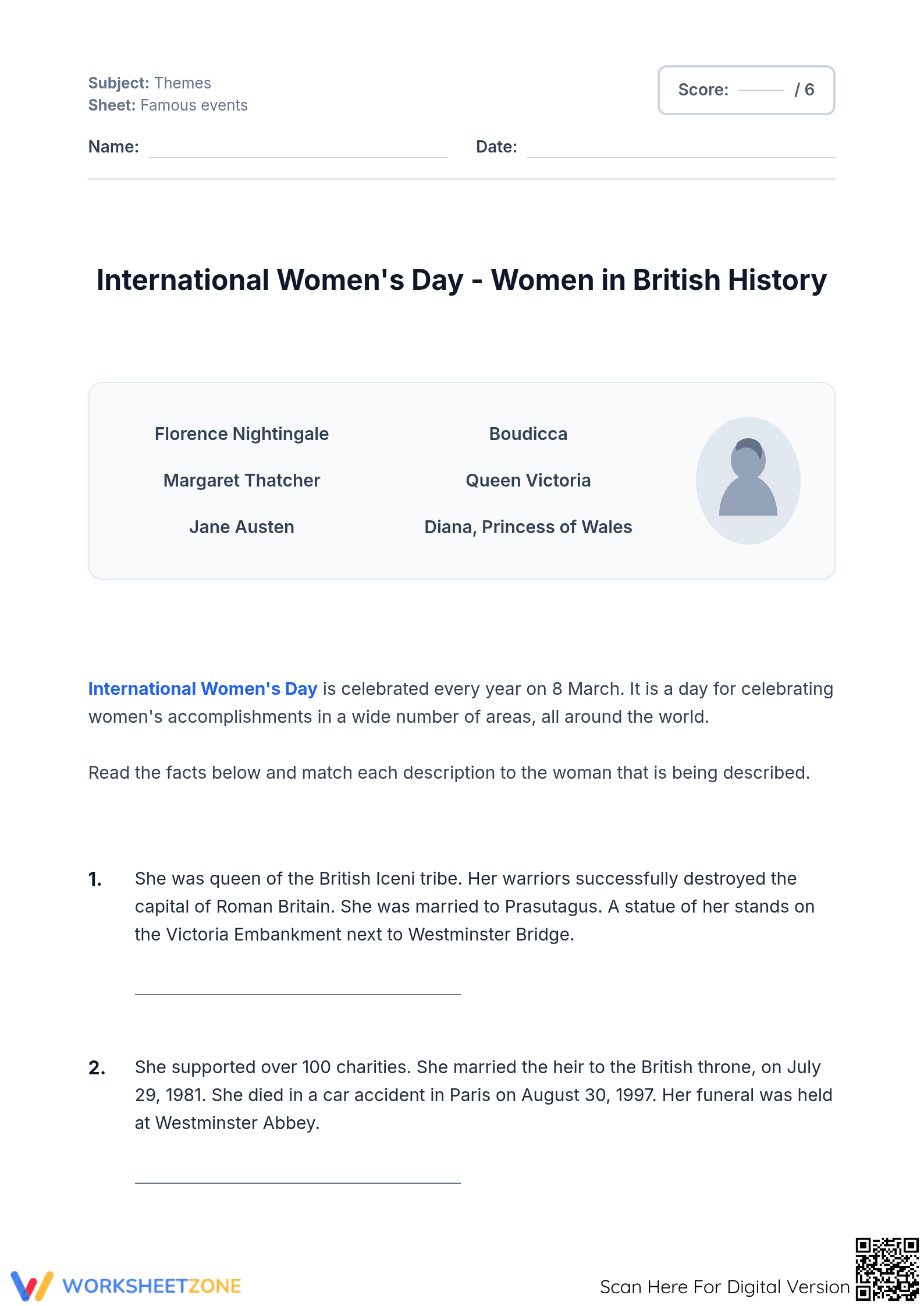 Grade 6 British Women in History — Printable Worksheet - Page 1