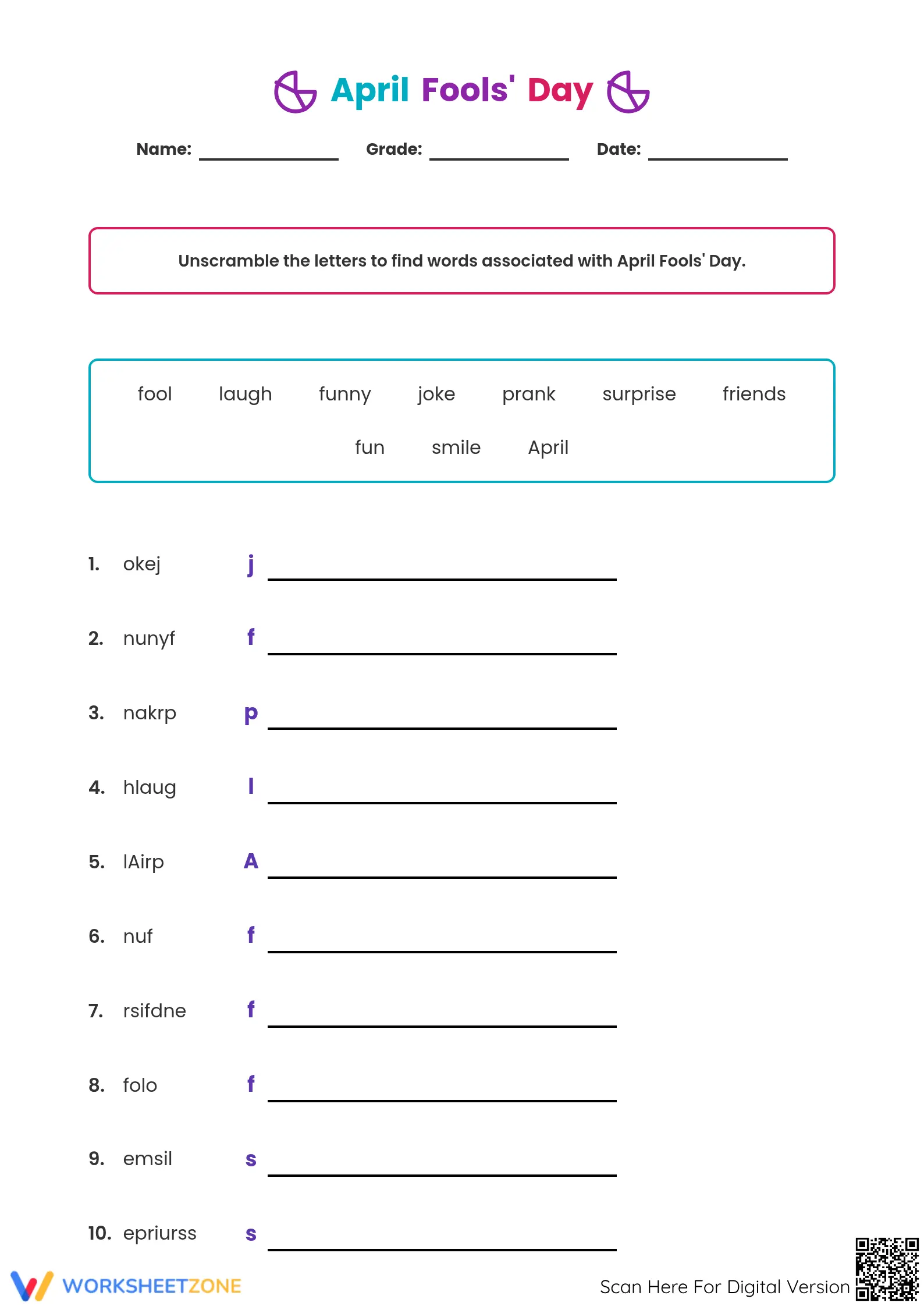 April Fools' Day Word Scramble | Essential Grade 5 ELA - Page 1