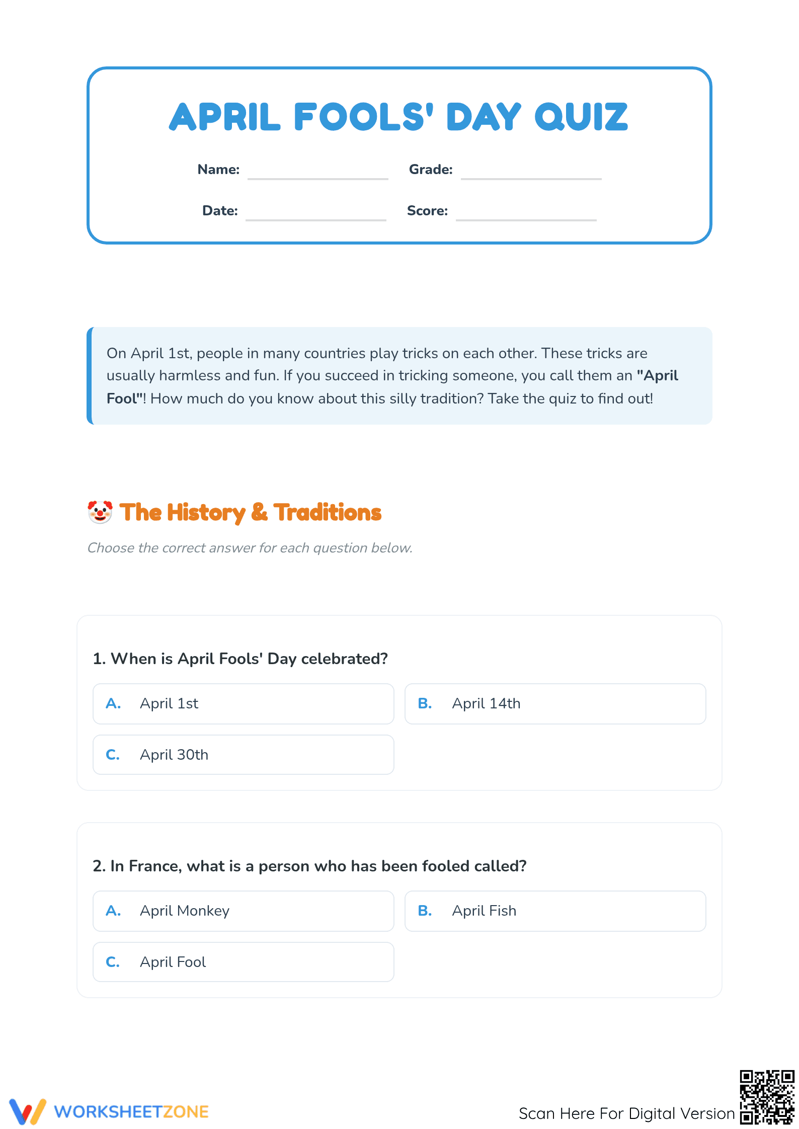 April Fool's Day Quiz | Essential Printable Worksheet - Page 1