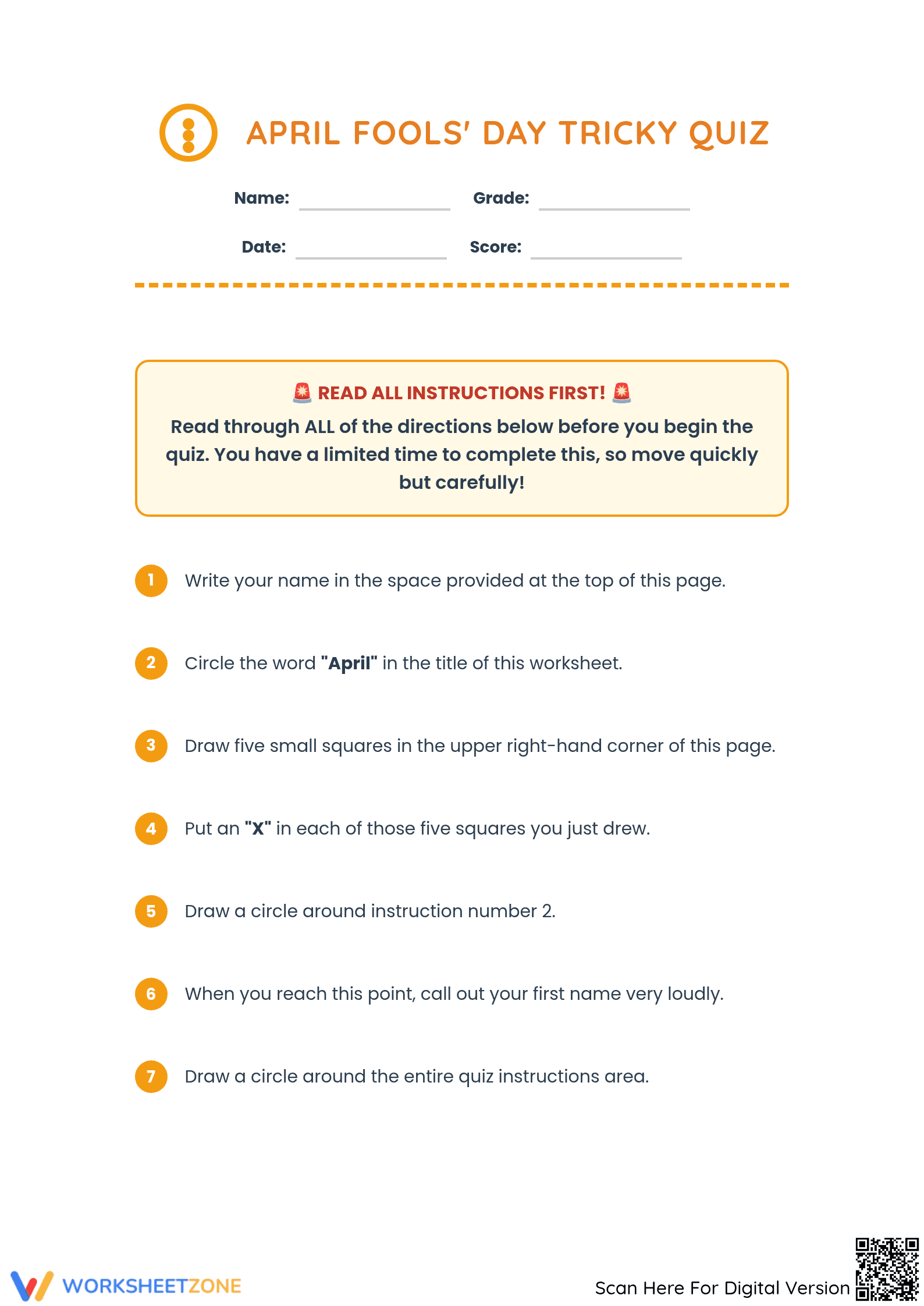 Printable April Fool's Day Tricky Quiz | Grade 3-12 - Page 1