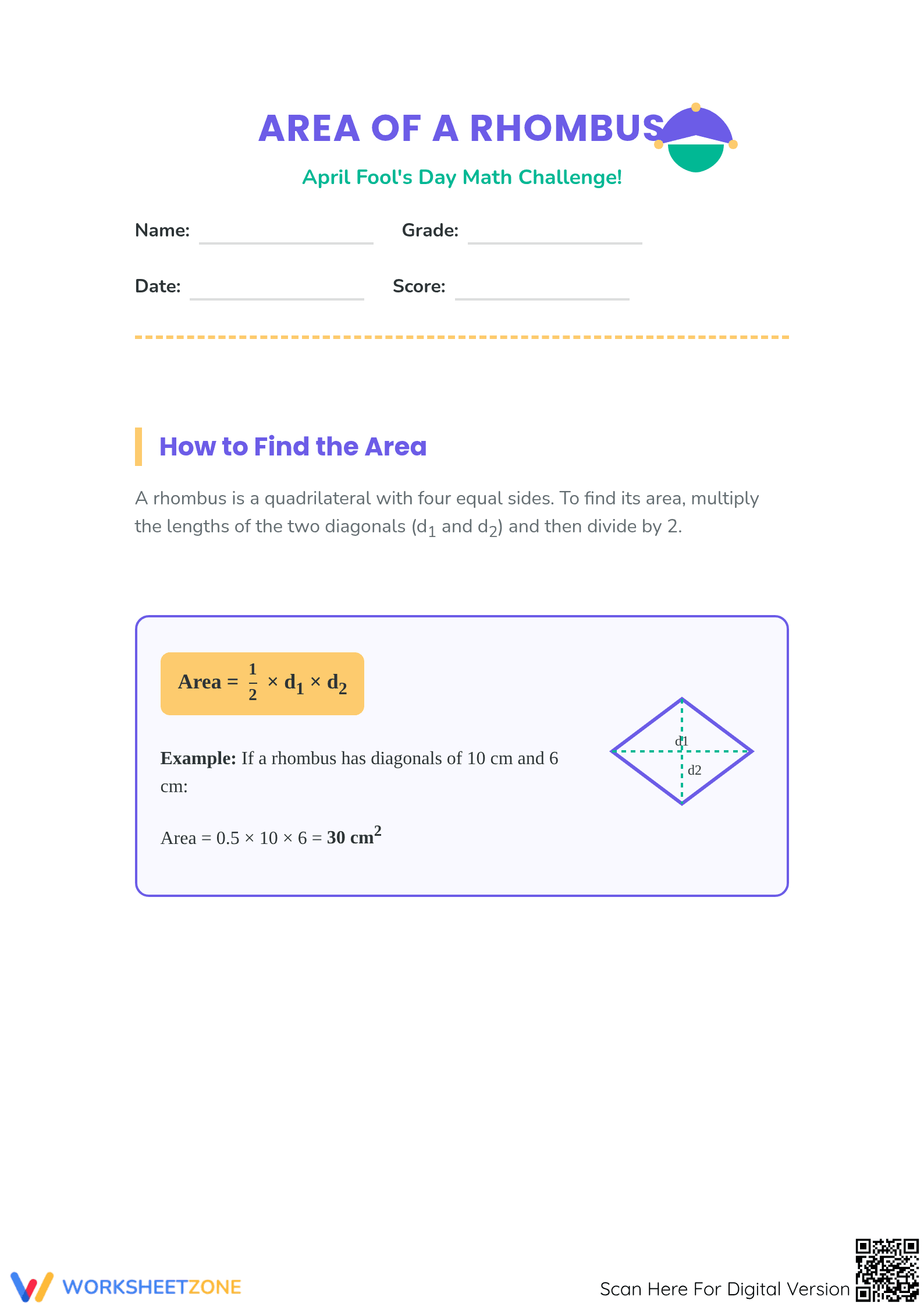 Area of a Rhombus Printable Worksheet | Grade 6 Math - Page 1