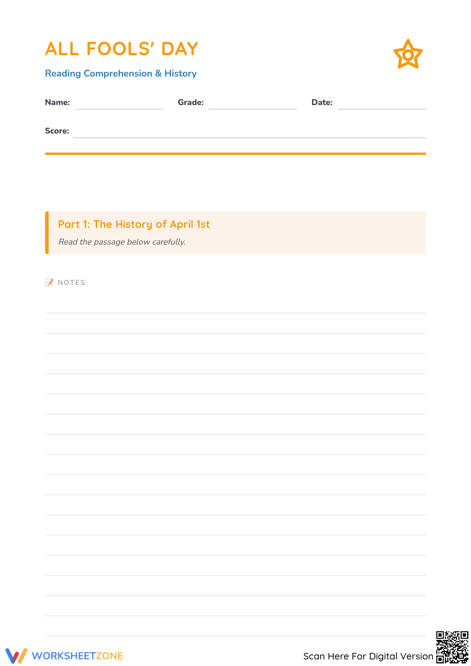 All Fools' Day Reading | Essential Grade 4 History Worksheet - Page 1