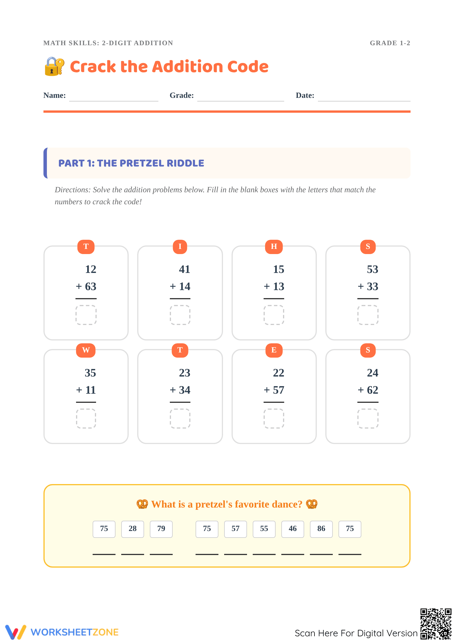 Crack the Addition Code Worksheet | Grade 1-2 Printable - Page 1
