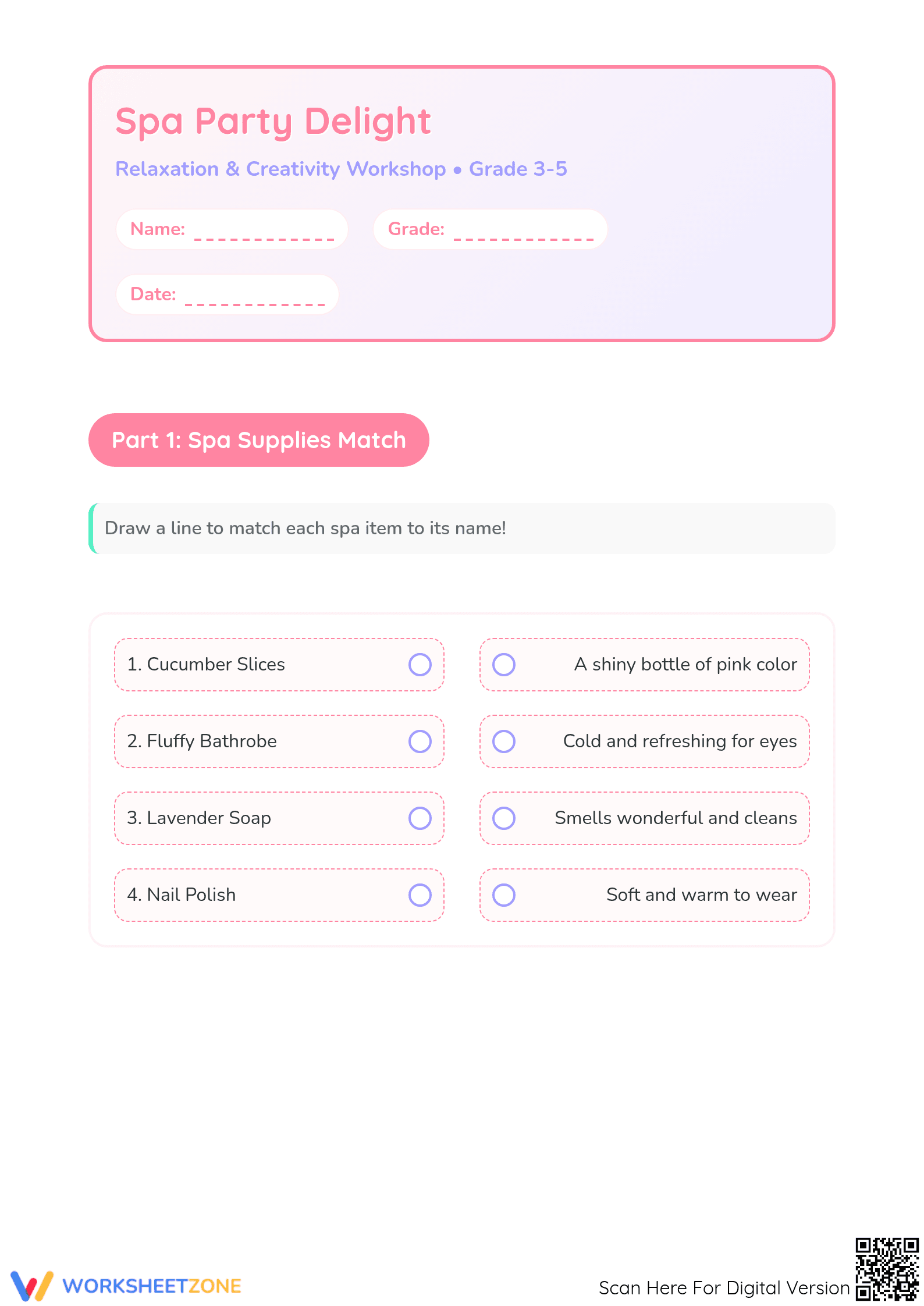 Printable Spa Party Delight Worksheet | Grade 3-5 ELA - Page 1