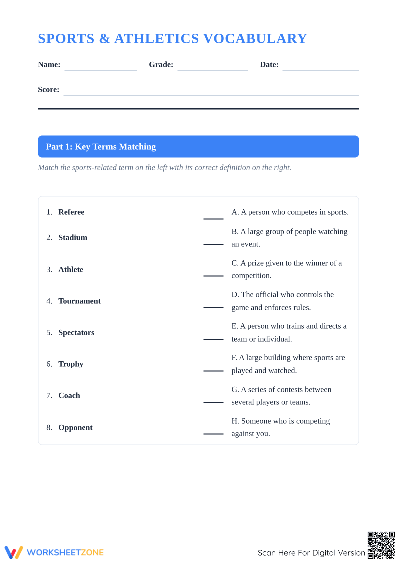 Essential Sports Vocabulary Worksheet | Grade 9-10 ELA - Page 1