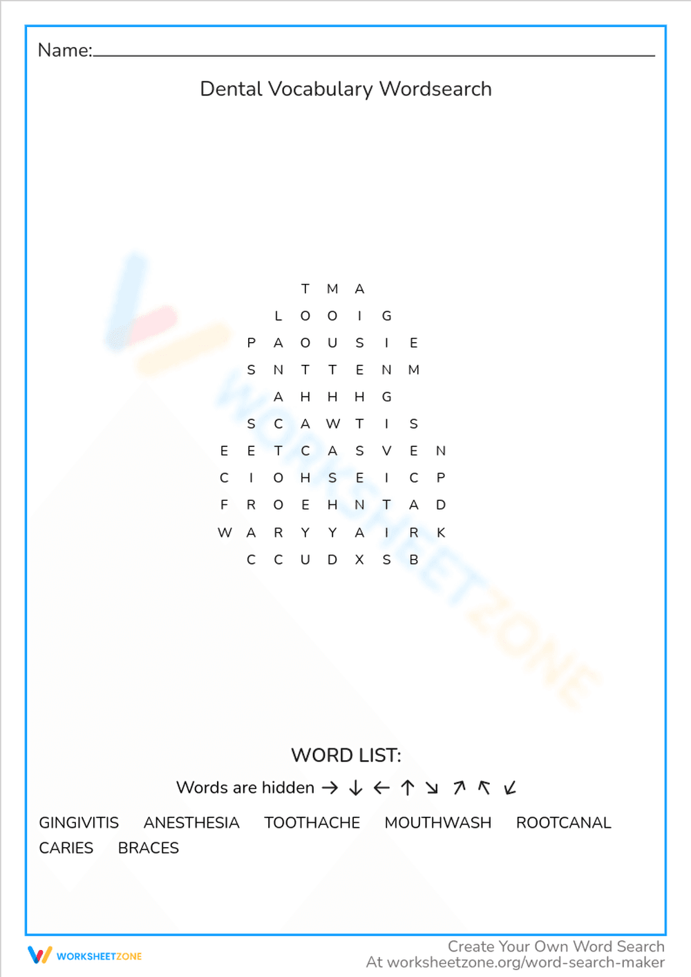 Dental Vocabulary Word Search Puzzle - Page 1