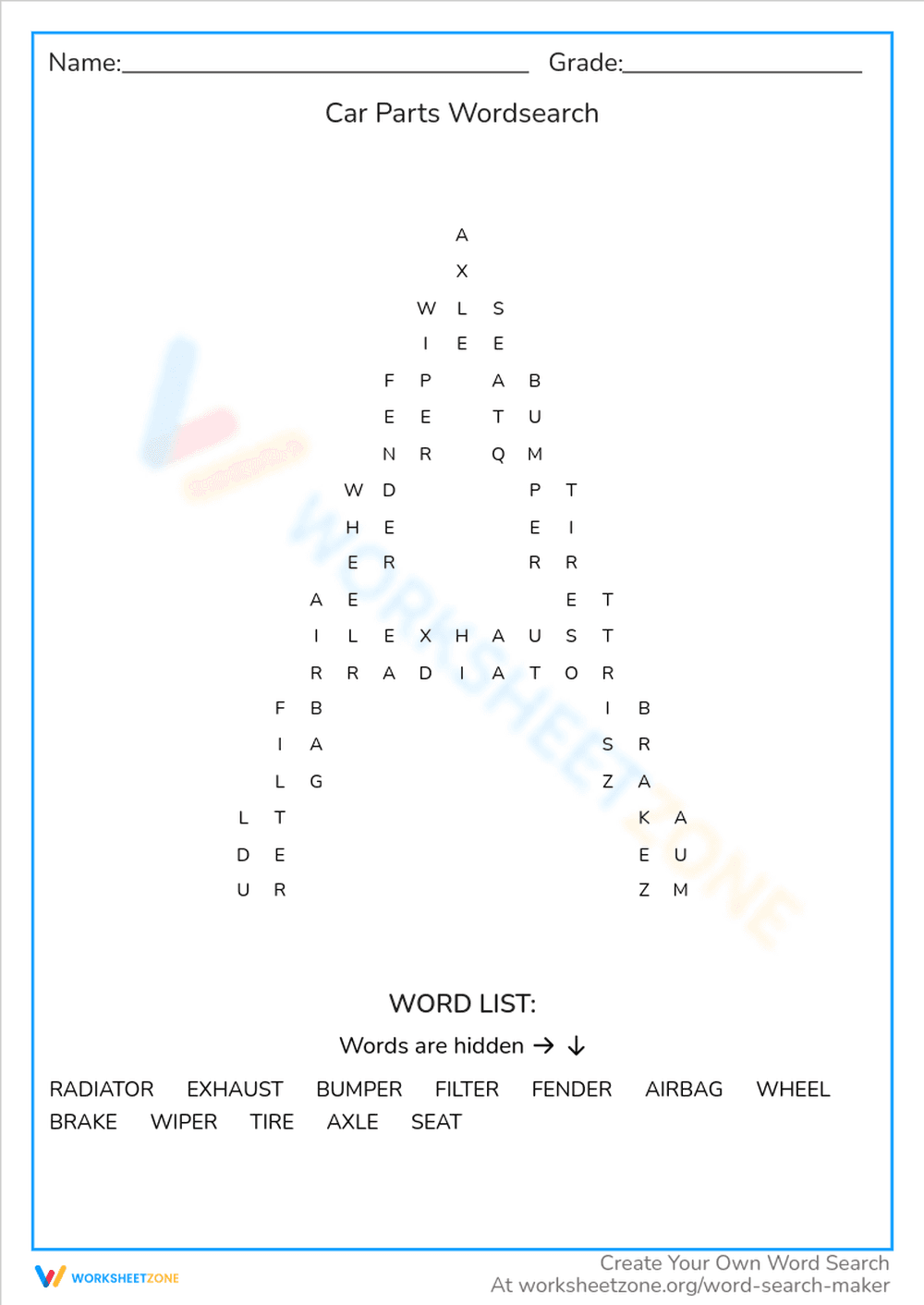 Car Parts Word Search: Automotive Vocabulary - Page 1