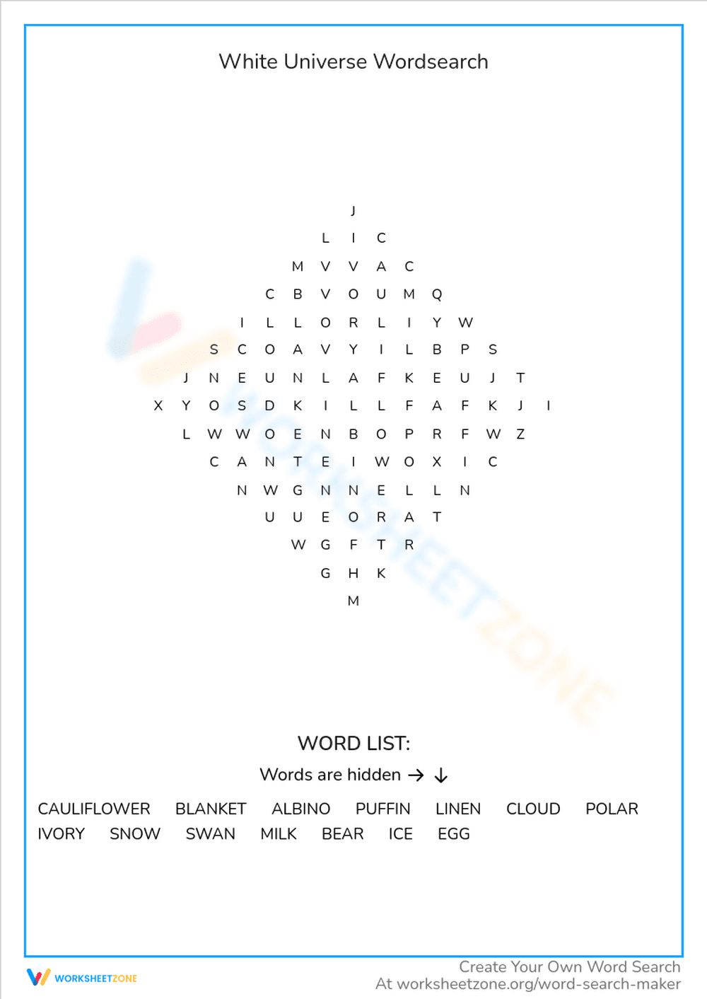 White Universe Wordsearch - Page 1