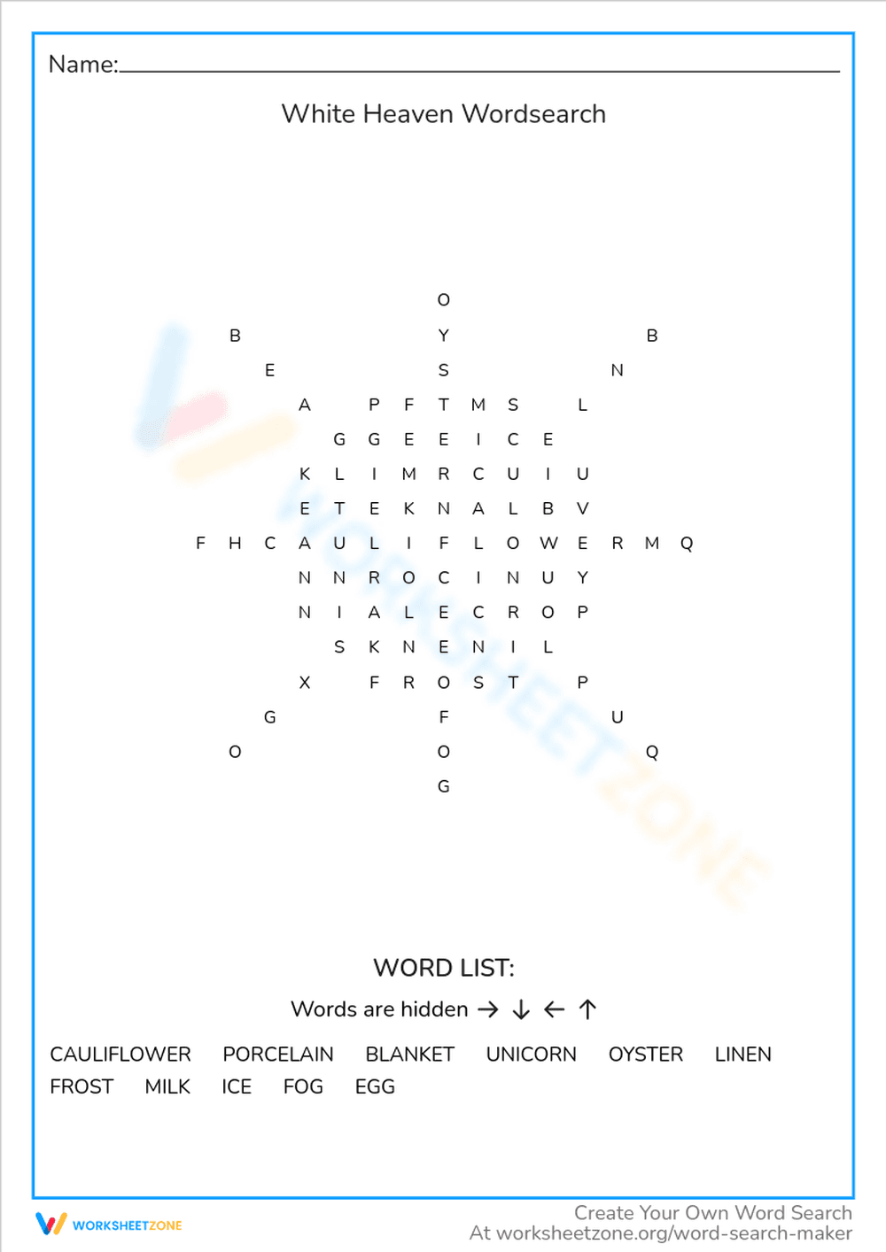 White' Things Word Search - Grades 2-4 Vocabulary Puzzle - Page 1