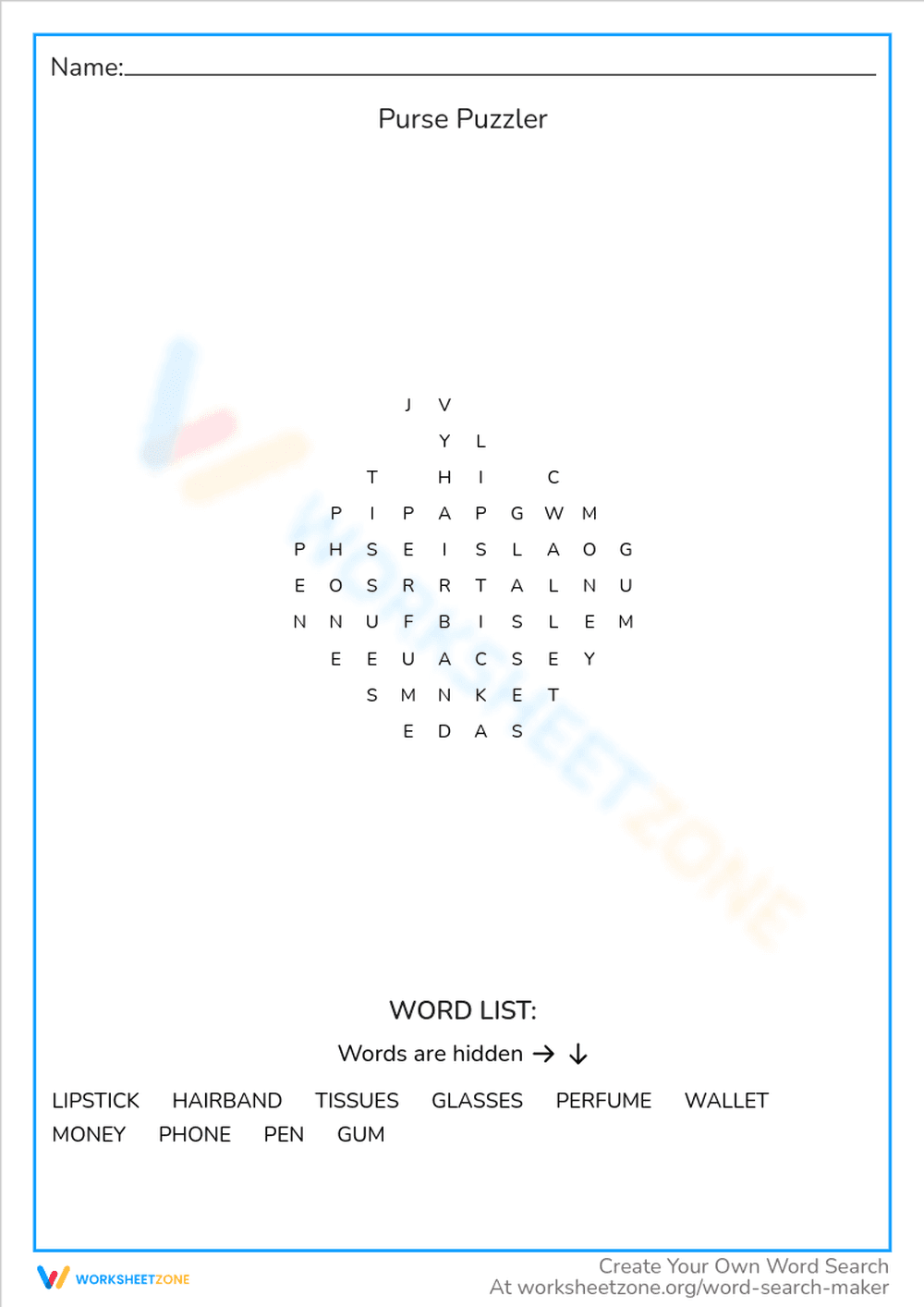 Purse Puzzler Word Search - Find Hidden Items! (Grades 2-4) - Page 1