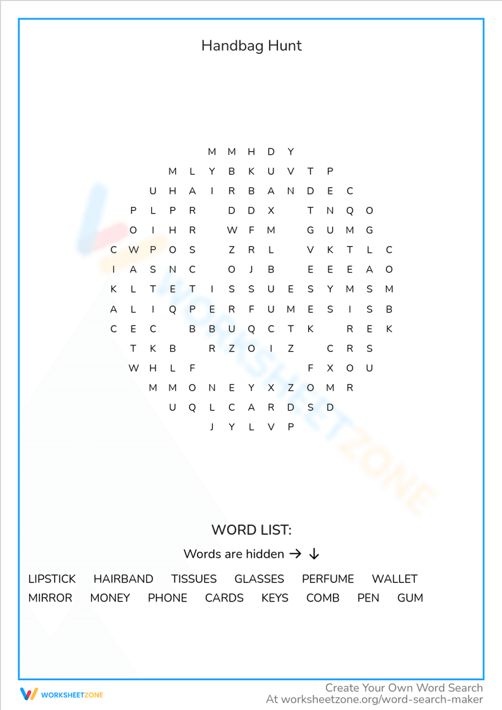 Handbag Hunt Word Search - Find the Hidden Purse Items! - Page 1