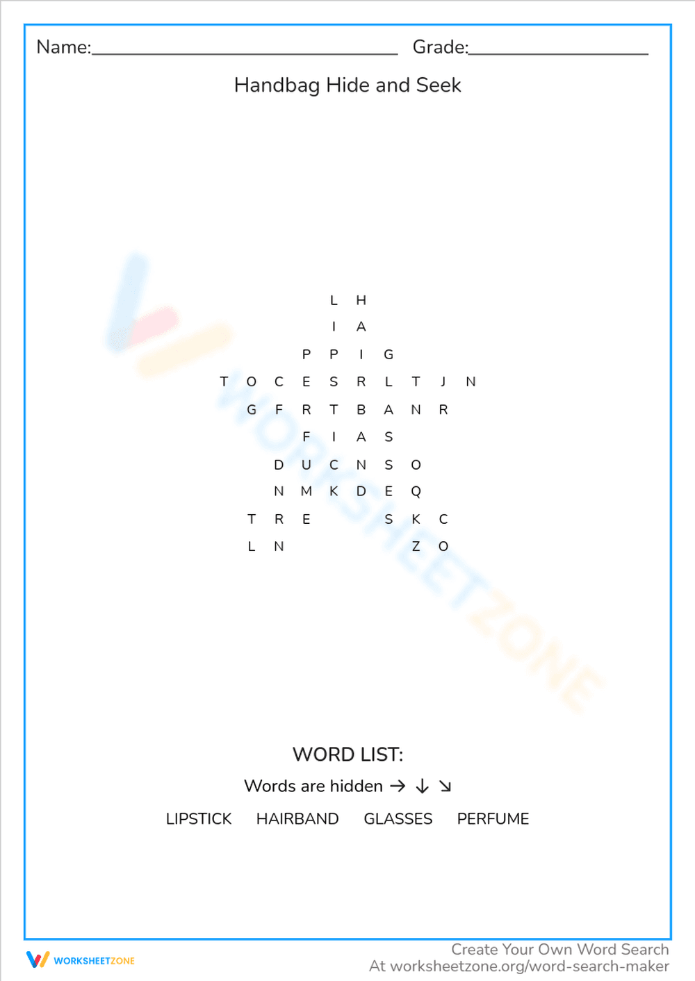 Handbag Hide & Seek Word Search - Fun Vocabulary Puzzle! - Page 1