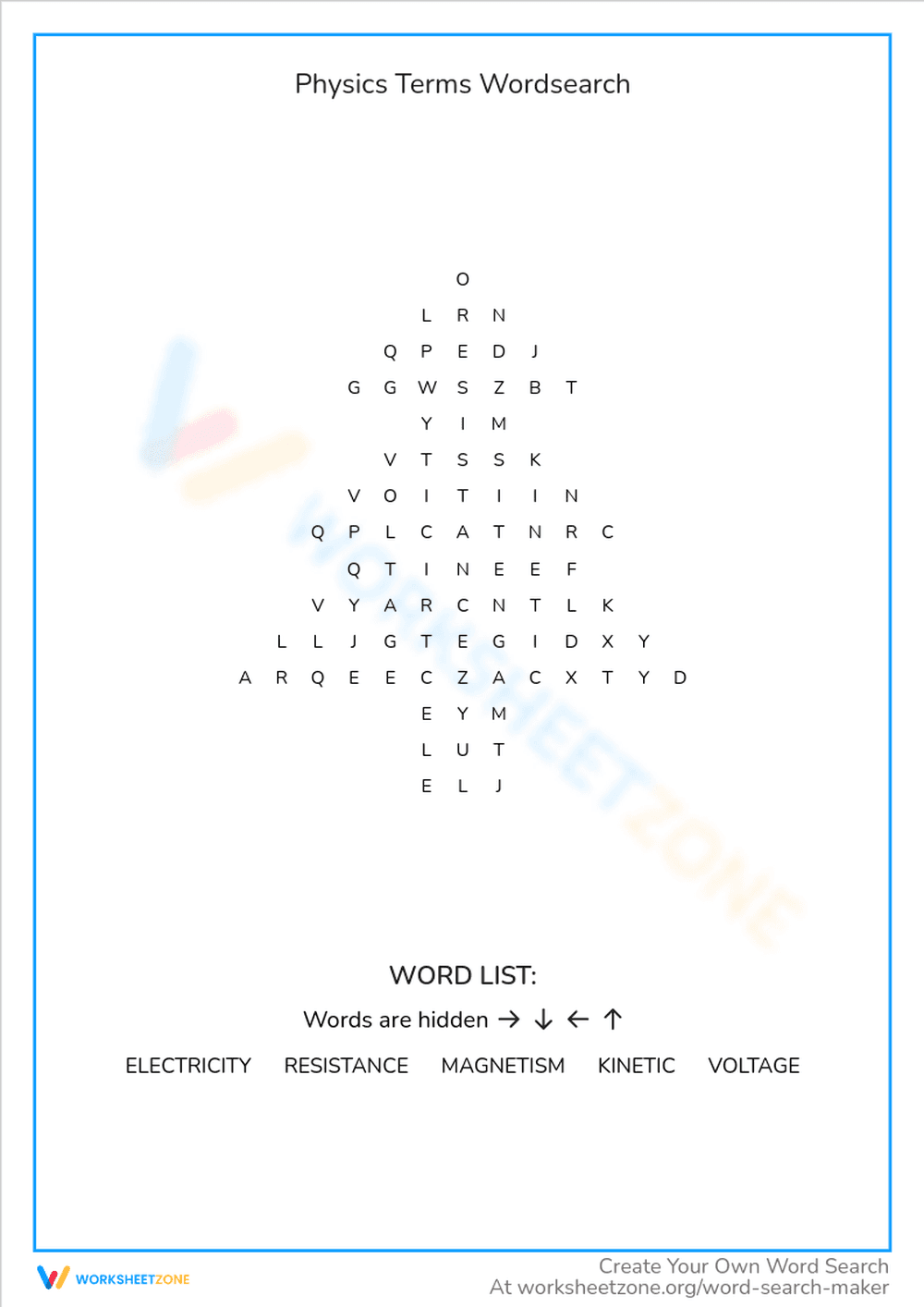 Physics Terms Word Search Worksheet - Page 1