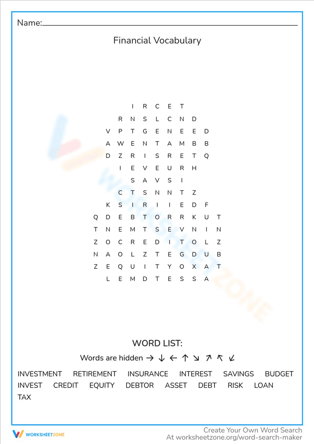 Financial Vocabulary Word Search - Page 1