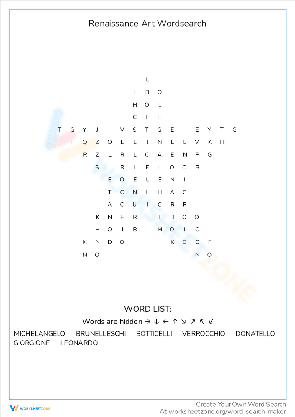 Renaissance Art Word Search Worksheet - Page 1