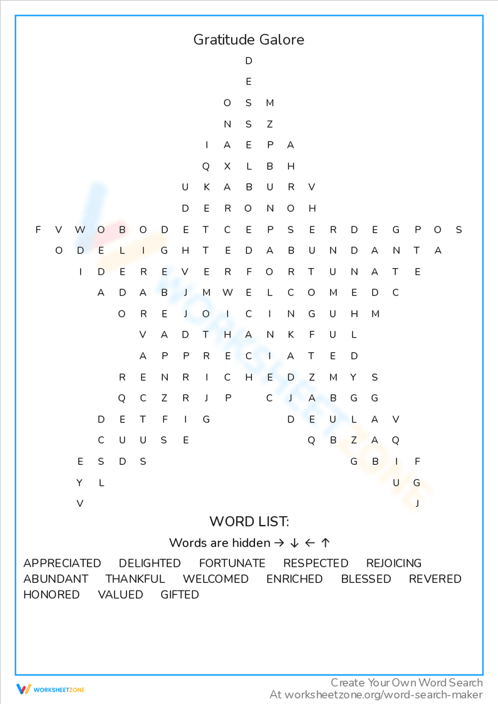 Gratitude Galore Word Search - Page 1