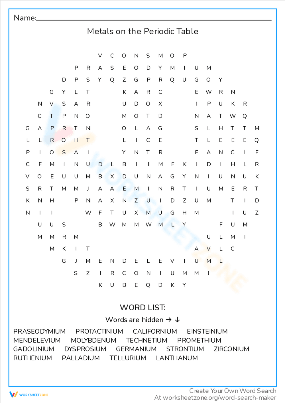 Metals on the Periodic Table Word Search - Page 1