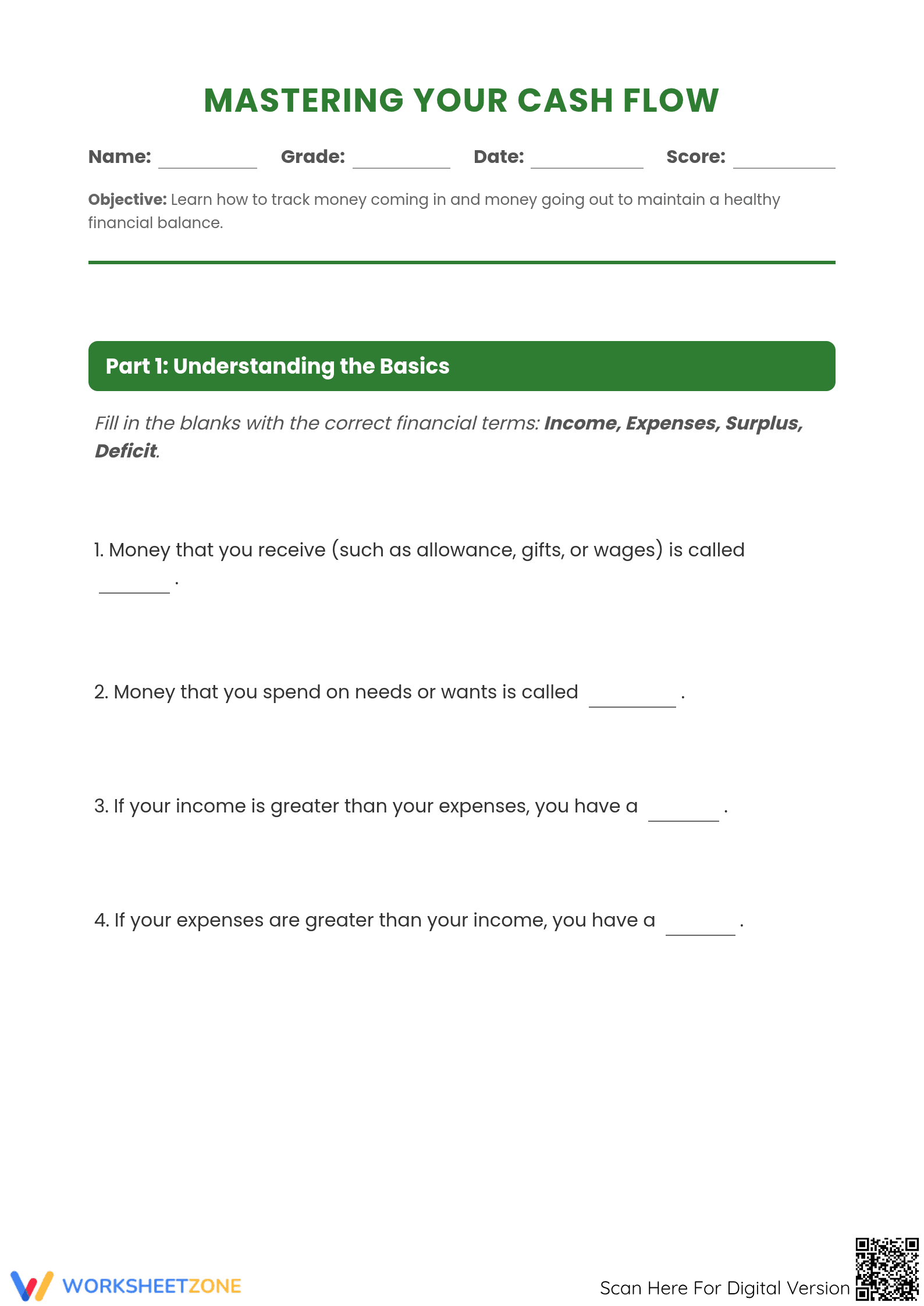 Grade 6-7 Cash Flow Worksheet | Printable Essential Guide - Page 1