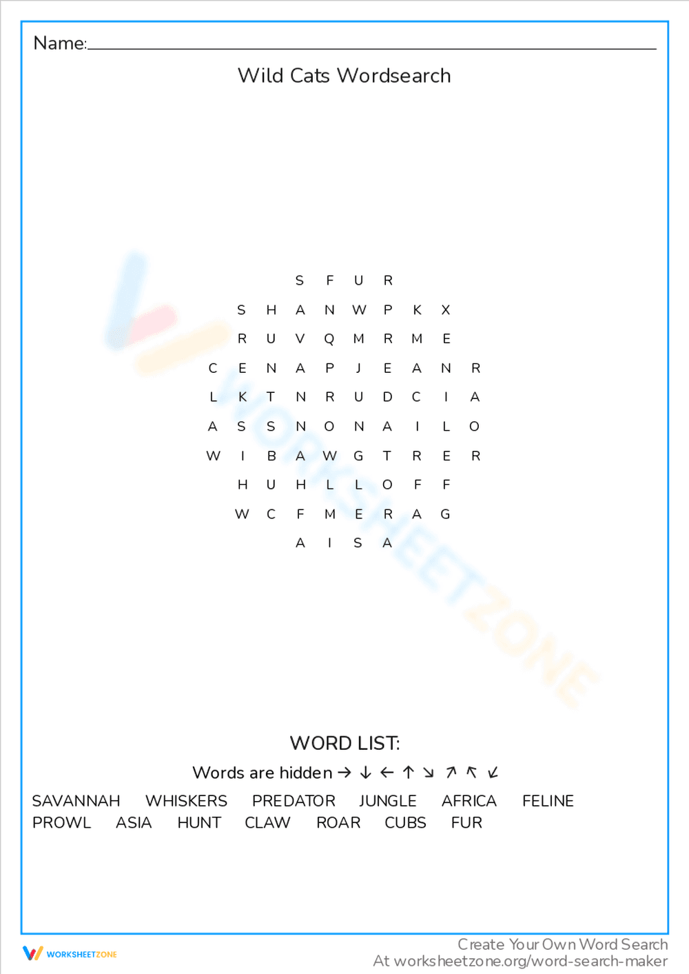 Wild Cats Word Search Puzzle - Page 1
