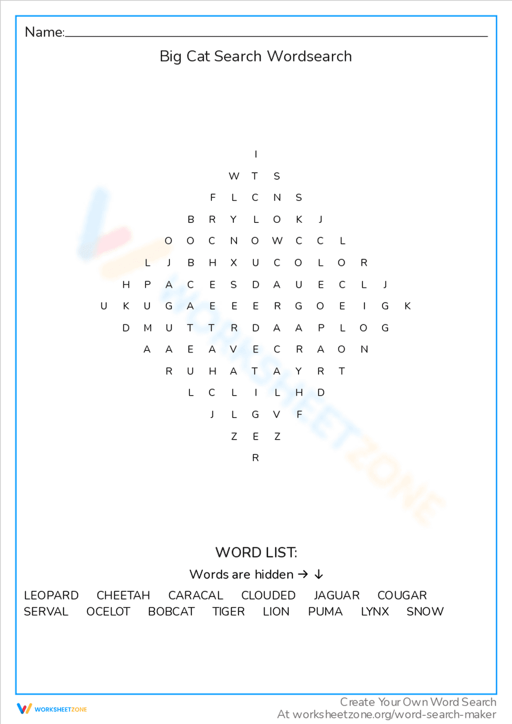 Big Cat Search Word Puzzle - Page 1