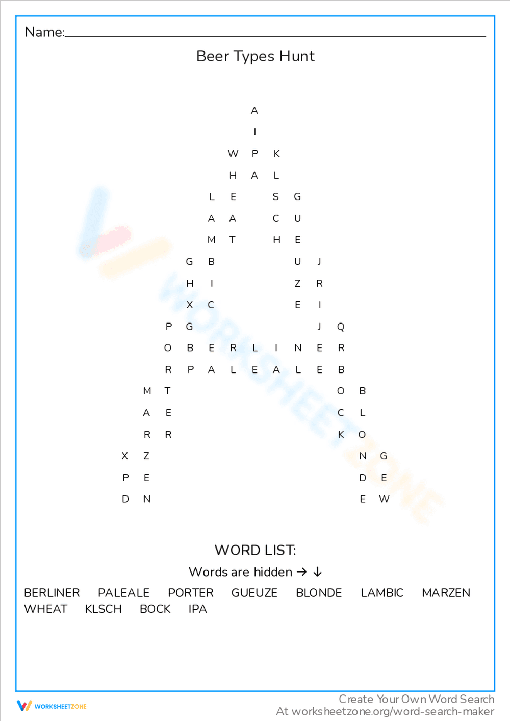 Beer Types Hunt Word Search - Page 1
